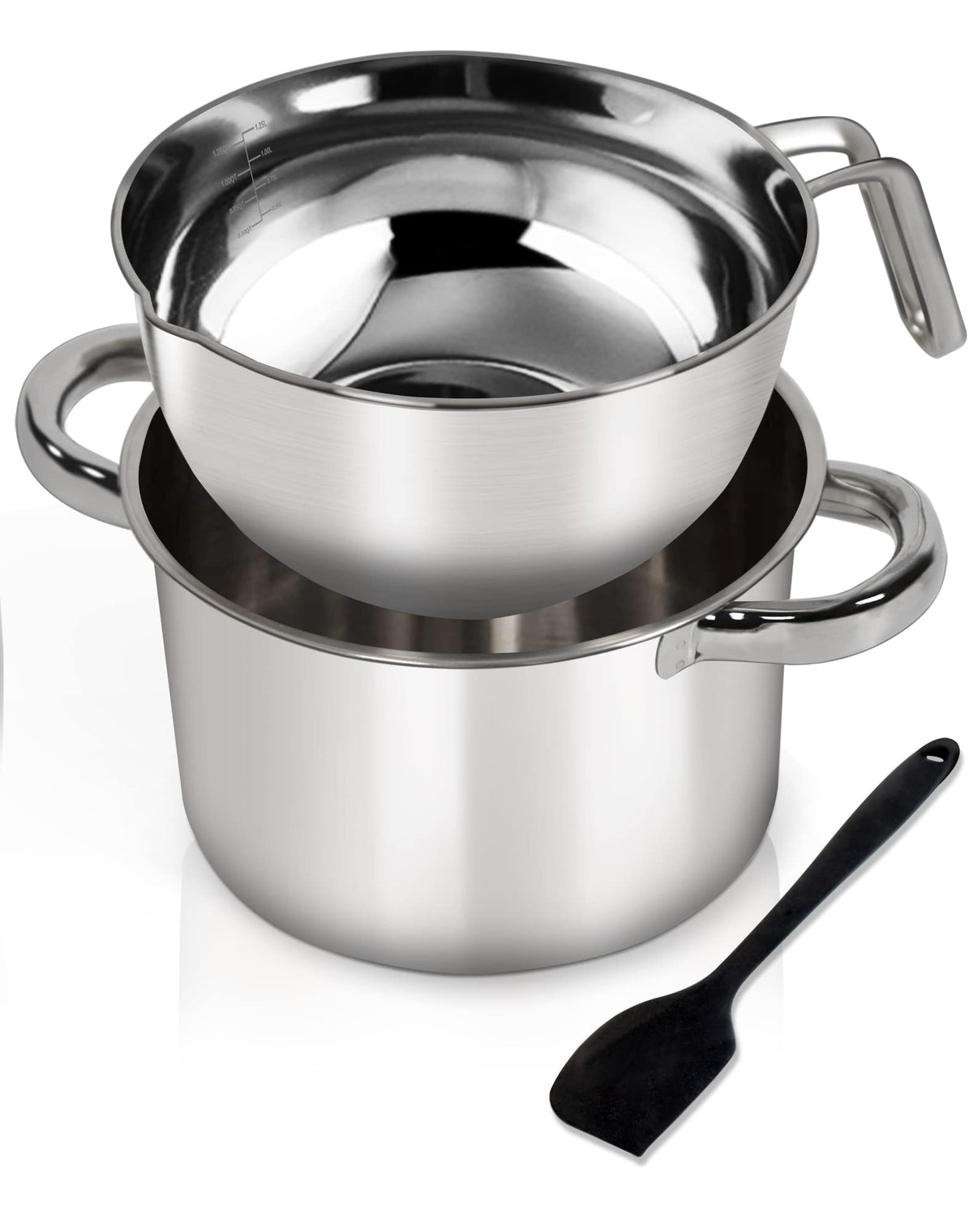 Double Boiler Pot Set,1250Ml/1.1Qt Mixing Bowl For Chocolate Melting, 2200Ml/ 2Qt 304 Stainless Steel Pot With Silicone Spatula