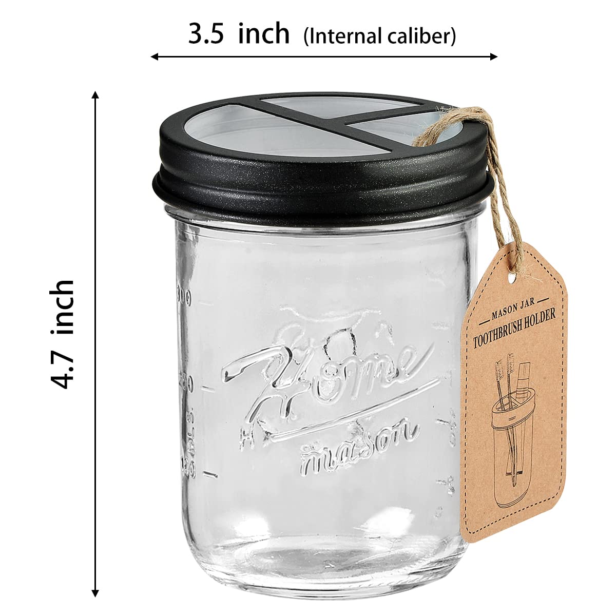 Mason Jar Toothbrush Holder - Premium Rustproof 304 Stainless Steel Lid - Holds 2 Toothbrushes and Toothpaste - Rustic Farmhouse Decor Countertop and Vanity Storage Organizer/Black
