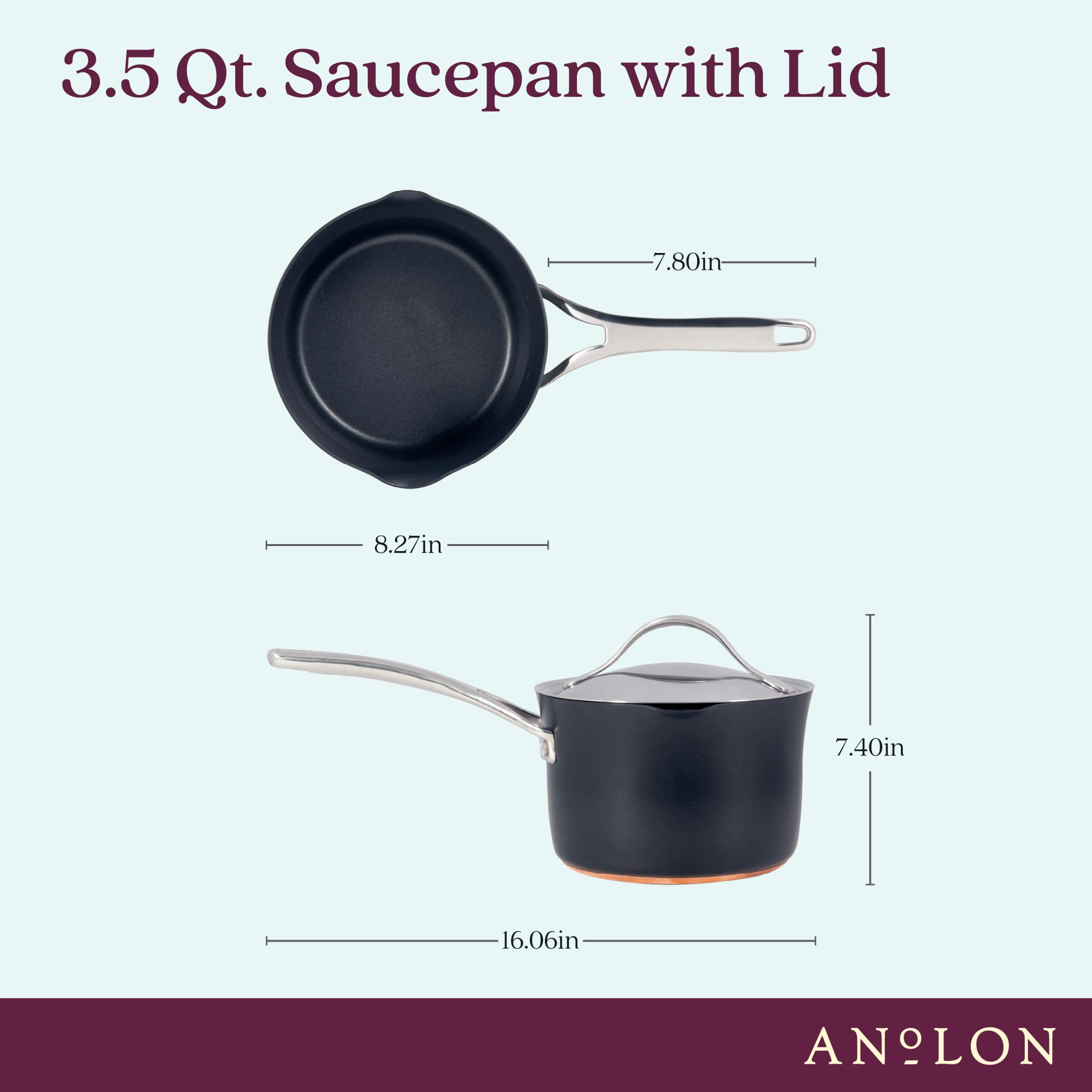 Anolon Nouvelle Copper Luxe Hard-Anodized Nonstick Straining Saucepan, 3.5-Quart, Onyx