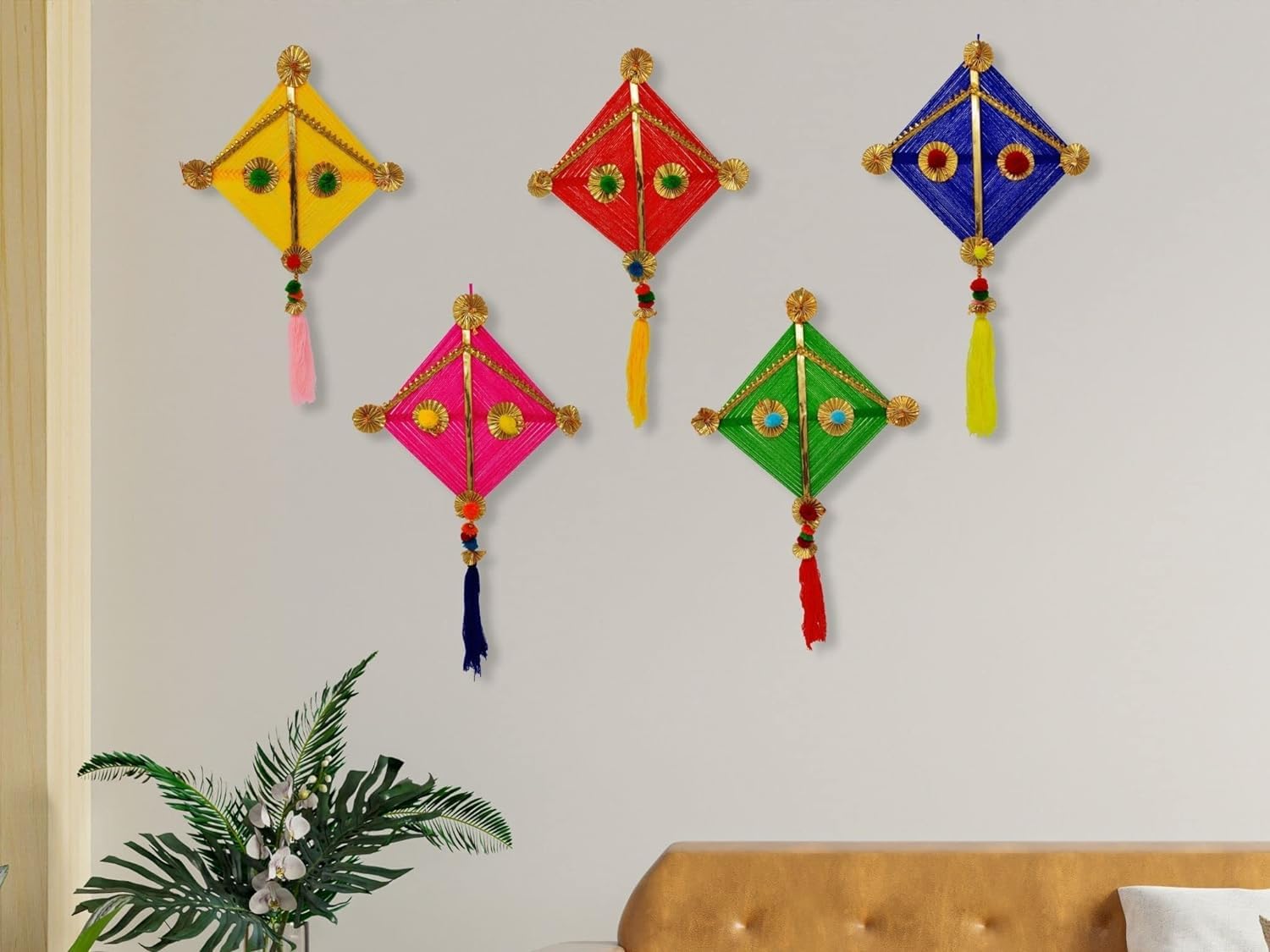 Craftomanic Woolen Handmade Colorful Kite Hanging Decoration Wedding Decorations, Event Decor | Perfect For Diwali, Ganpati & Po