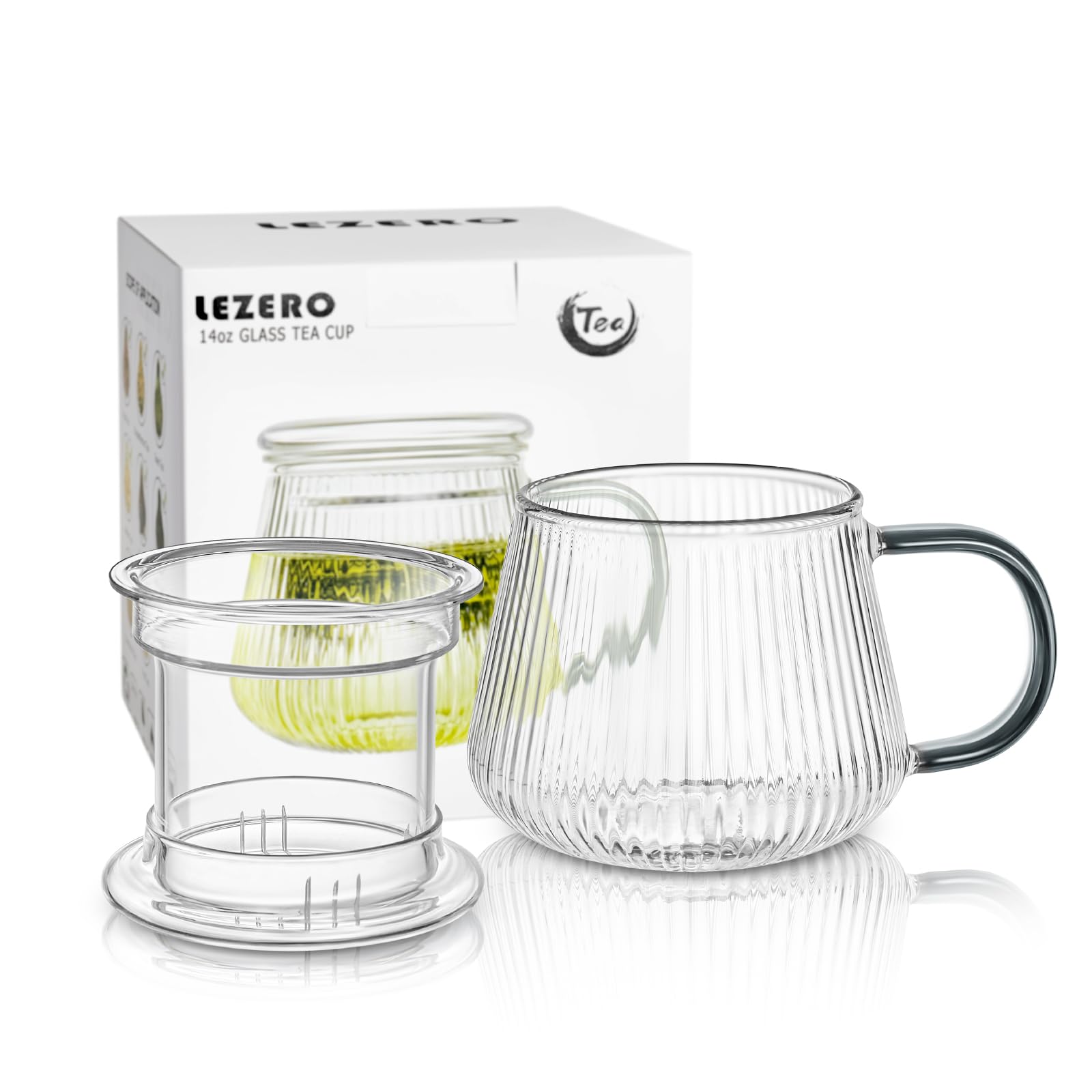 Lezero 13 Ounce Tea Cups Kits Loose Tea-Leaf Brewing System, Thickened Glass Cups With Tea Infuser Basket And Lid, Simple Filtra