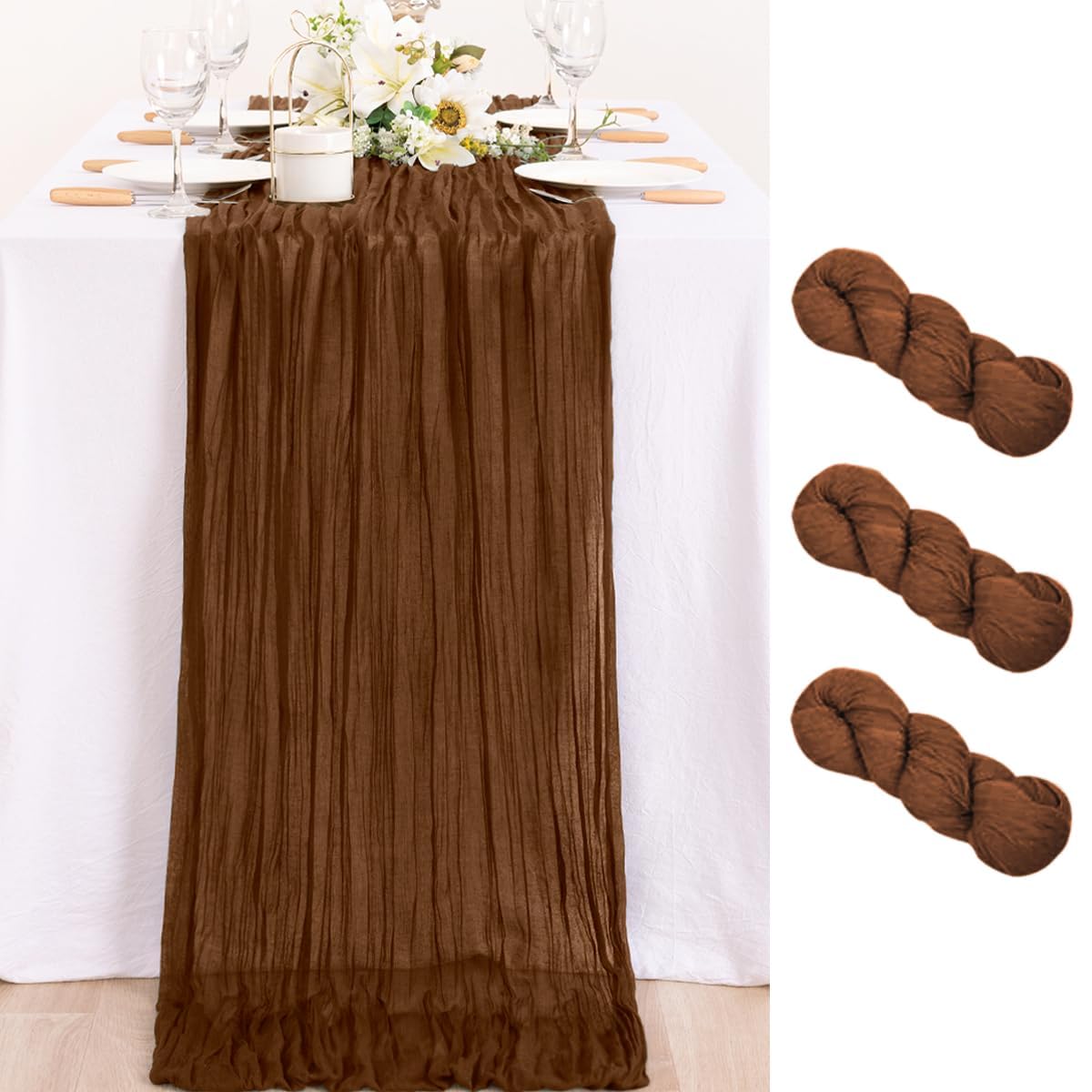 MLMC 3 Pack Brown Table Runner 10ft Boho Rustic Gauze Coffee Cheesecloth Table Runner Neutral Winter Decor 35x120 Inches for Wed