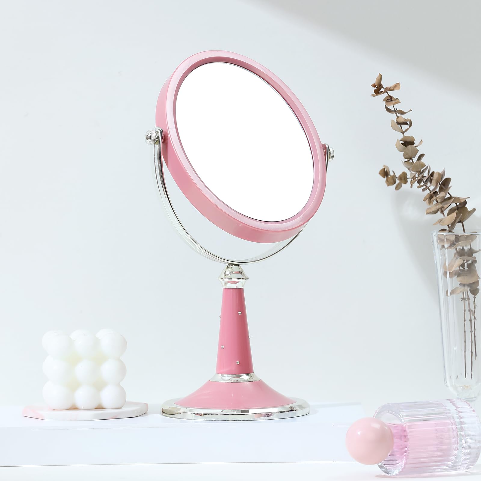 XPXKJ 6-Inch Mirrors Tabletop Vanity Makeup Mirror Two-Sided Swivel with Diamond Desk Mirror One Side 3X Magnification