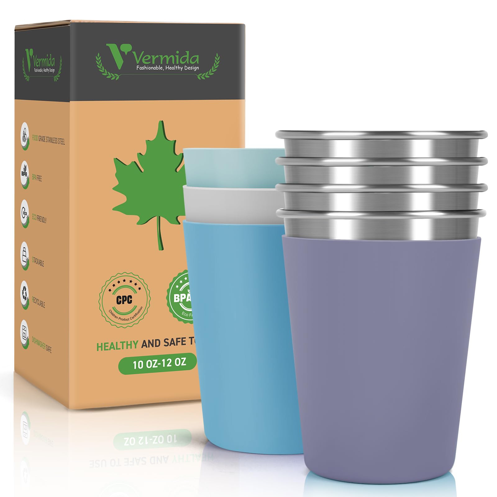 Vermida 12oz Stainless Steel Kids Cups, Stackable Metal Cups, 4 Pack