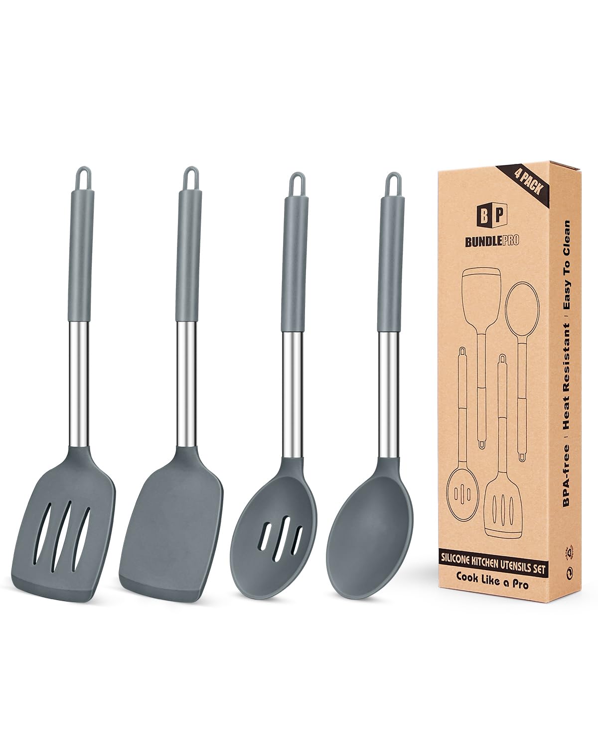 Pack of 4 Silicone Cooking Utensils Set, Non Stick Large Solid Spatulas, Heat Resistant Gray Slotted Spoons, Ideal BPA Free Kitc