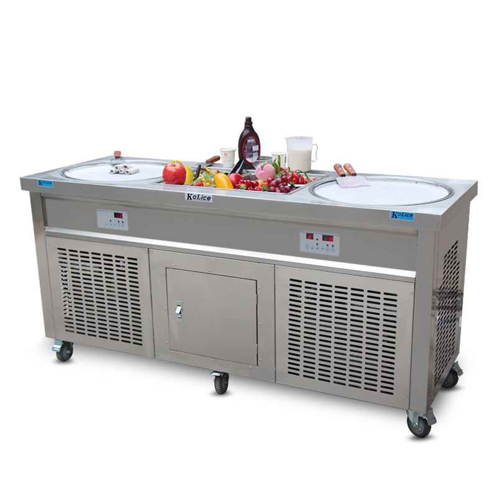 Kolice Commercial 22'' Double Round Pans Fried Ice Cream Machine With 10 Refrigerated Tanks, Auto Defrost, Instant Stir Roll Ice