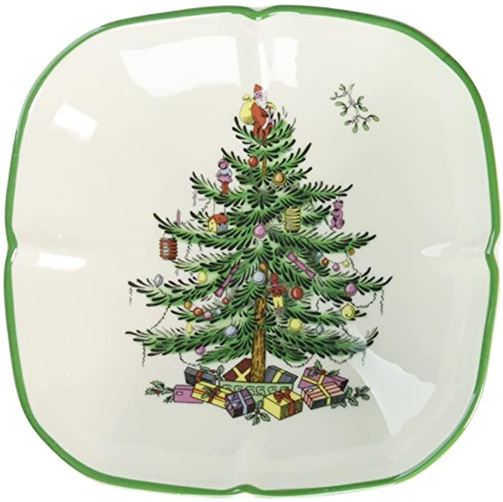 Spode Christmas Tree Sculpted Square Dish - 5.5'' Festive Serving Bowl For Holiday Appetizers, Christmas Desserts, Seasonal Snac