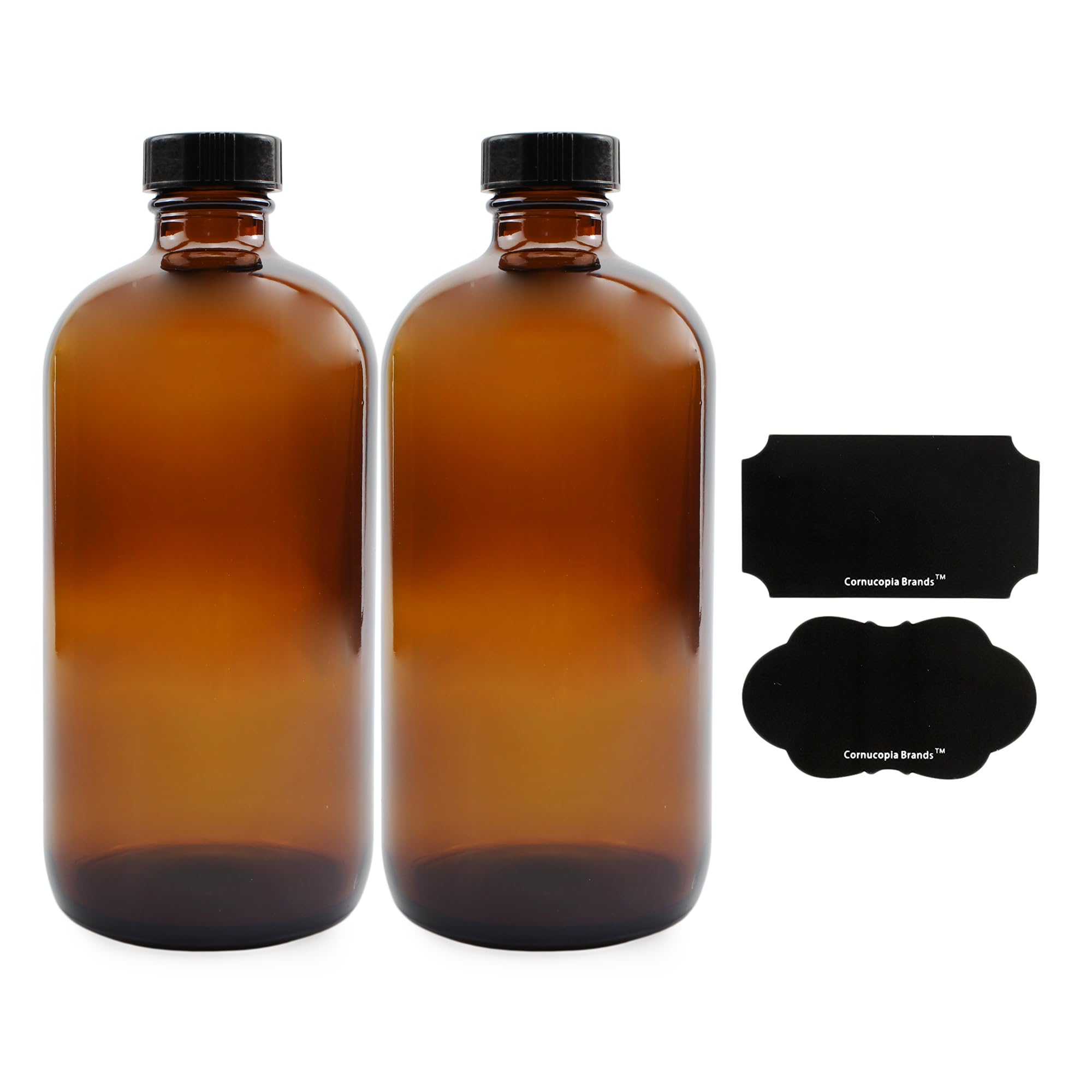 Cornucopia 16Oz Amber Glass Bottles With Reusable Chalk Labels And Lids (2 Pack), Refillable Brown Boston Round Bottles, With Bl