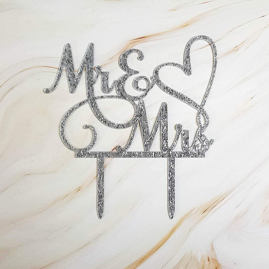 AMINJIE Mr and Mrs Cake Topper Decoration For Bride and Groom Sign Wedding/Engagement   Silver Glitter Acrylic