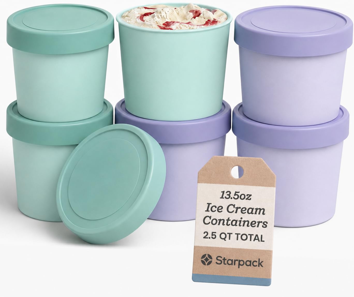 Starpack Freeze The Day Cute Small Ice Cream Freezer Containers 6Pack  13.5oz x 6 (2.5Qt Total) Single Serve Tubs, Silicone Li