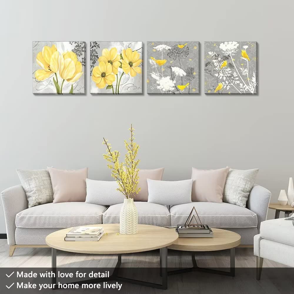Wall Hdq Yellow Gray Wall Art Canvas Flowers Birds Wall Decor For Living Room Bathroom Abstract Modern Floral Large Posters Prin