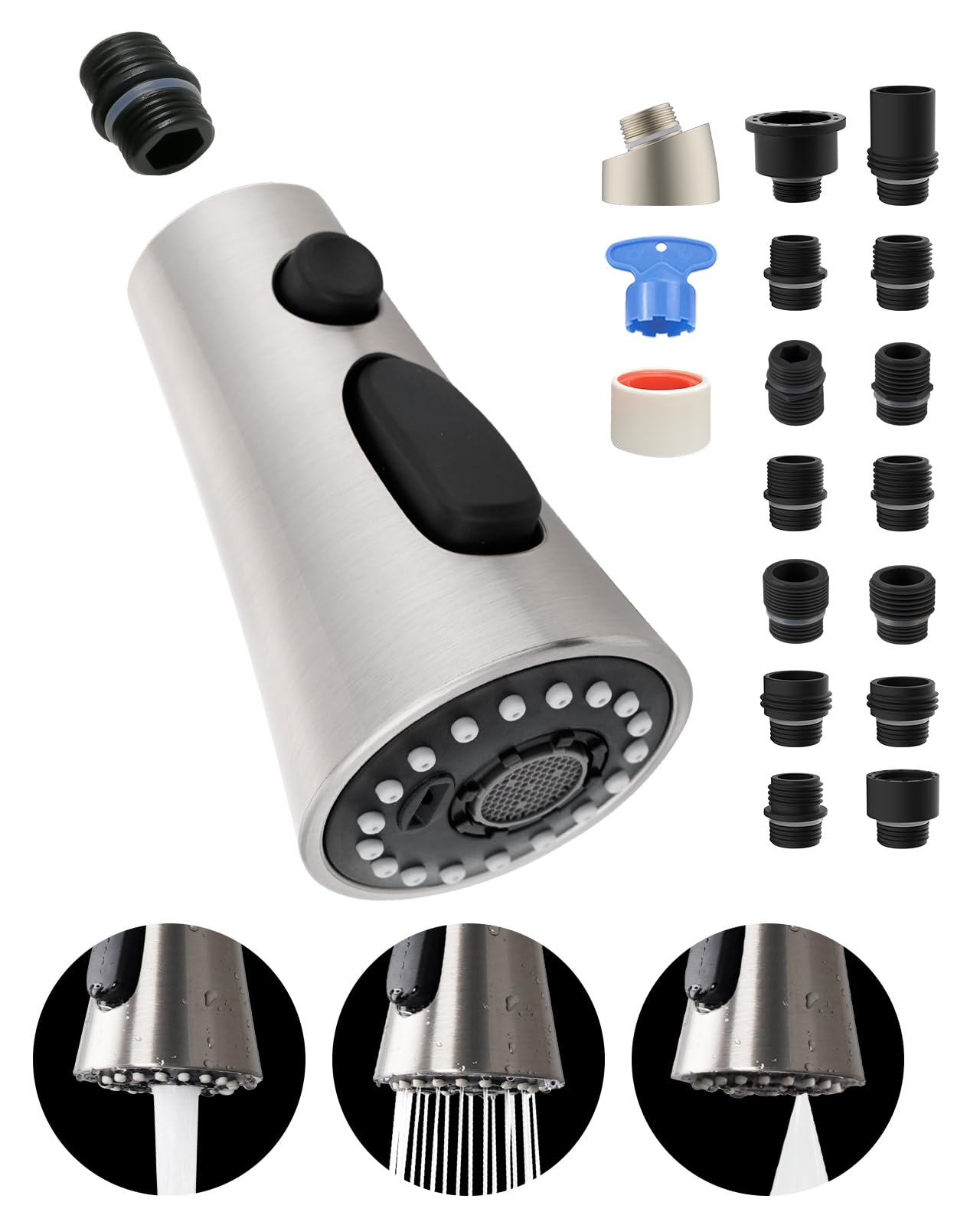 Universal Kitchen Faucet Head Replacement With 15 Adapter Kit Compatible With Kohler/Moen/Delta Faucet, 3 Function Pull Down Sin