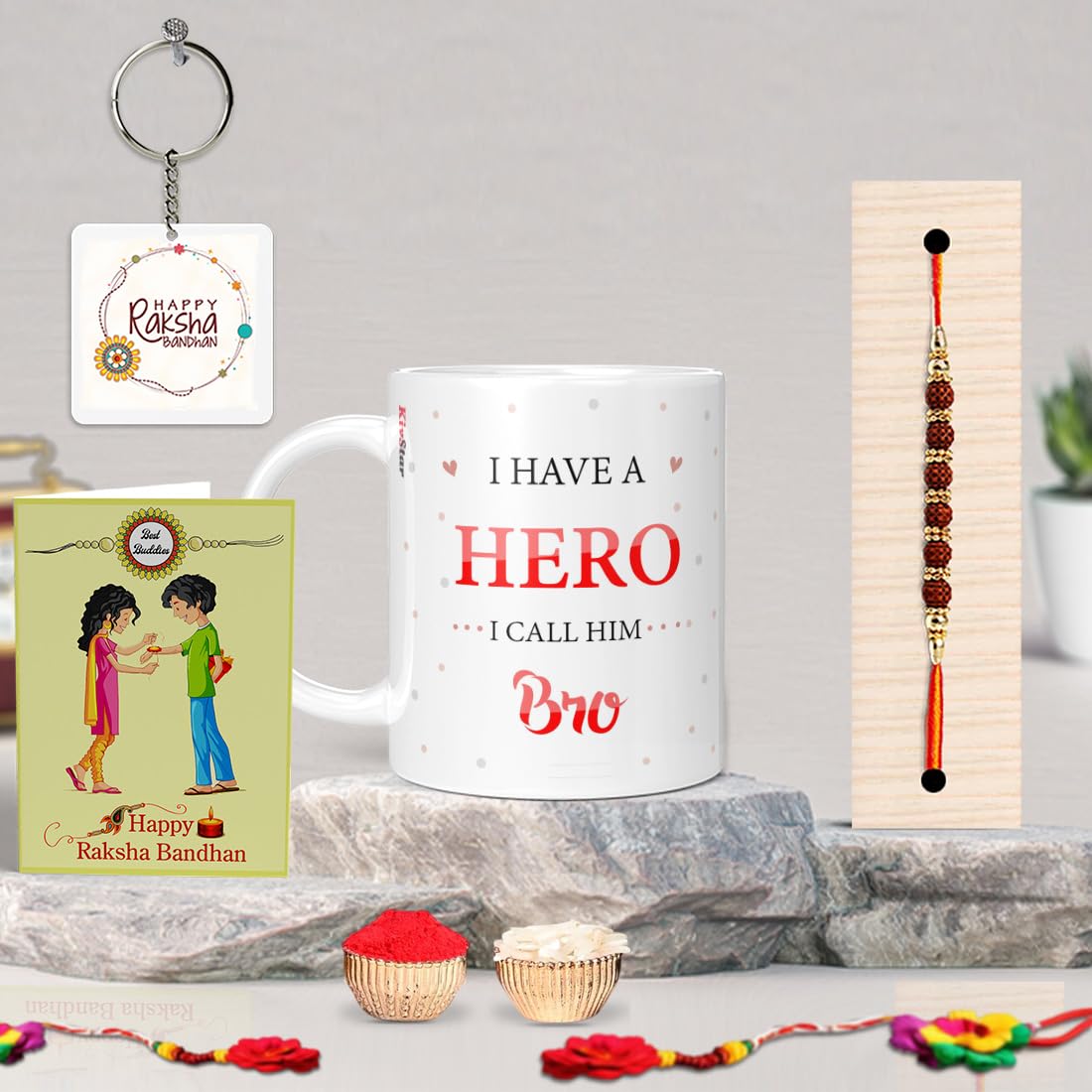 KivStar Happy rakshabandhan Quotes Printed White Mug with Designer Rakhi, Roli, Chawal + rakshabandhan Wishing Card(Multicolor) 