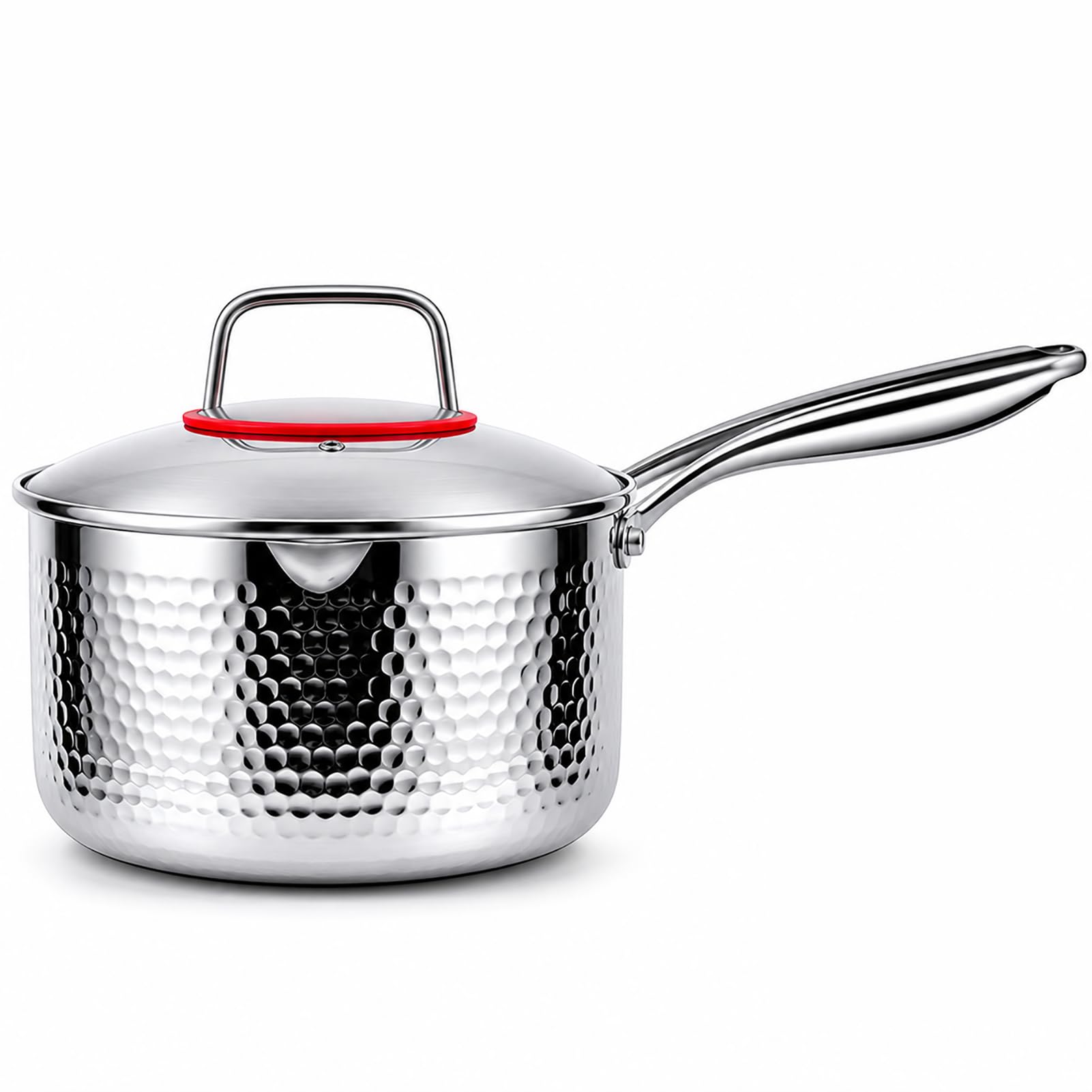 AonVengeur Hammered Stainless Steel Saucepan with Lid, InductionReady, MultiPly Bottom, DualPour Spouts, Steamer Option (13 