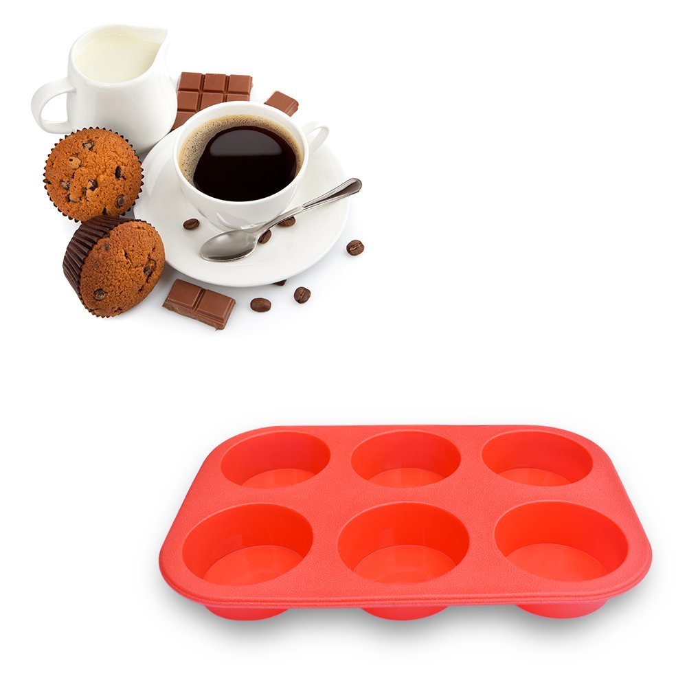 Homedge 6-Cup Silicone Muffin Pan, Pack Of 3 Non-Stick Muffin Cupcake Molds-Blue And Red