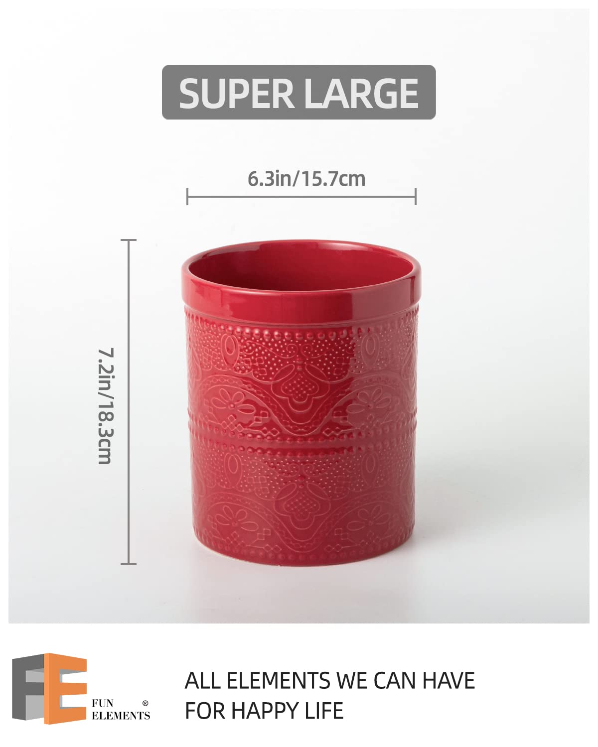 Fun Elements Kitchen Utensil Holder, 7.2'' Super Large Utensil Crock Heavy And Stable Lace Emboss Ceramic Utensil Holder For Kit