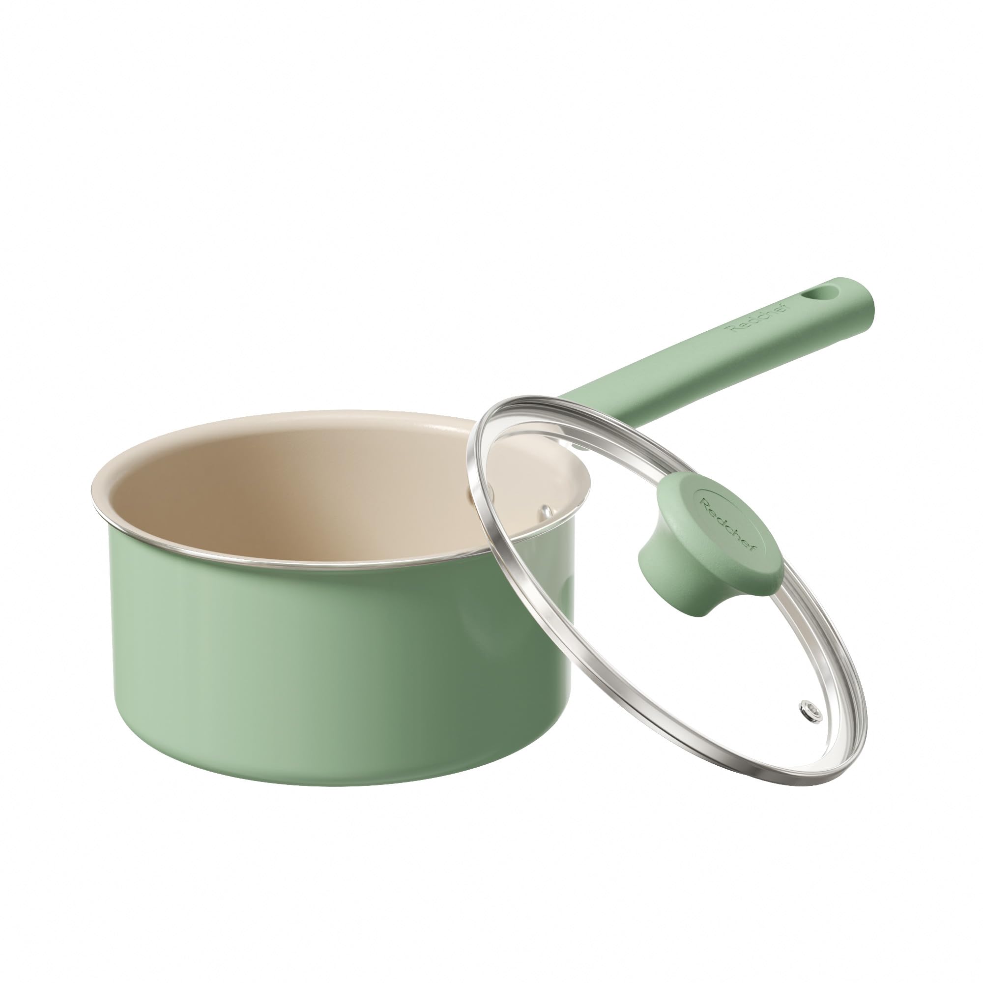 Redchef Ceramic Nonstick Saucepan with Lid, 1.5QT Small Cooking Pot, Non Toxic Sauce Pans for Kitchen, Cool Handle PFAS Free Com