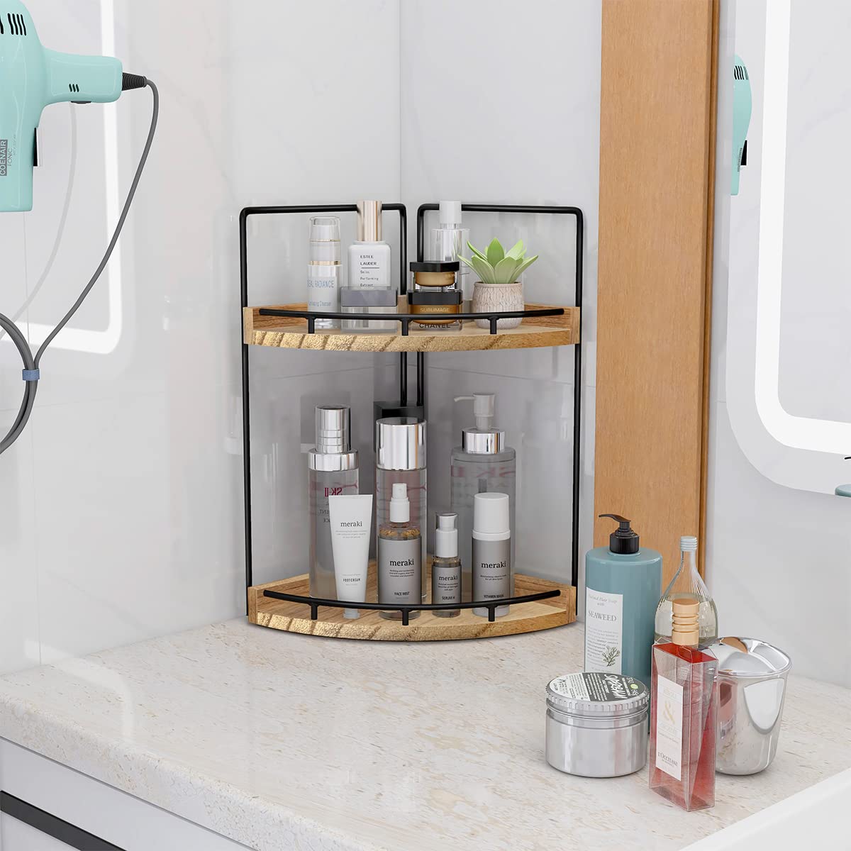 Dorhors 2-Tier Bathroom Counter Organizer,Vanity Counter Corner Shelf, Skincare, Wood Countertop Bathroom Storage And Organizati