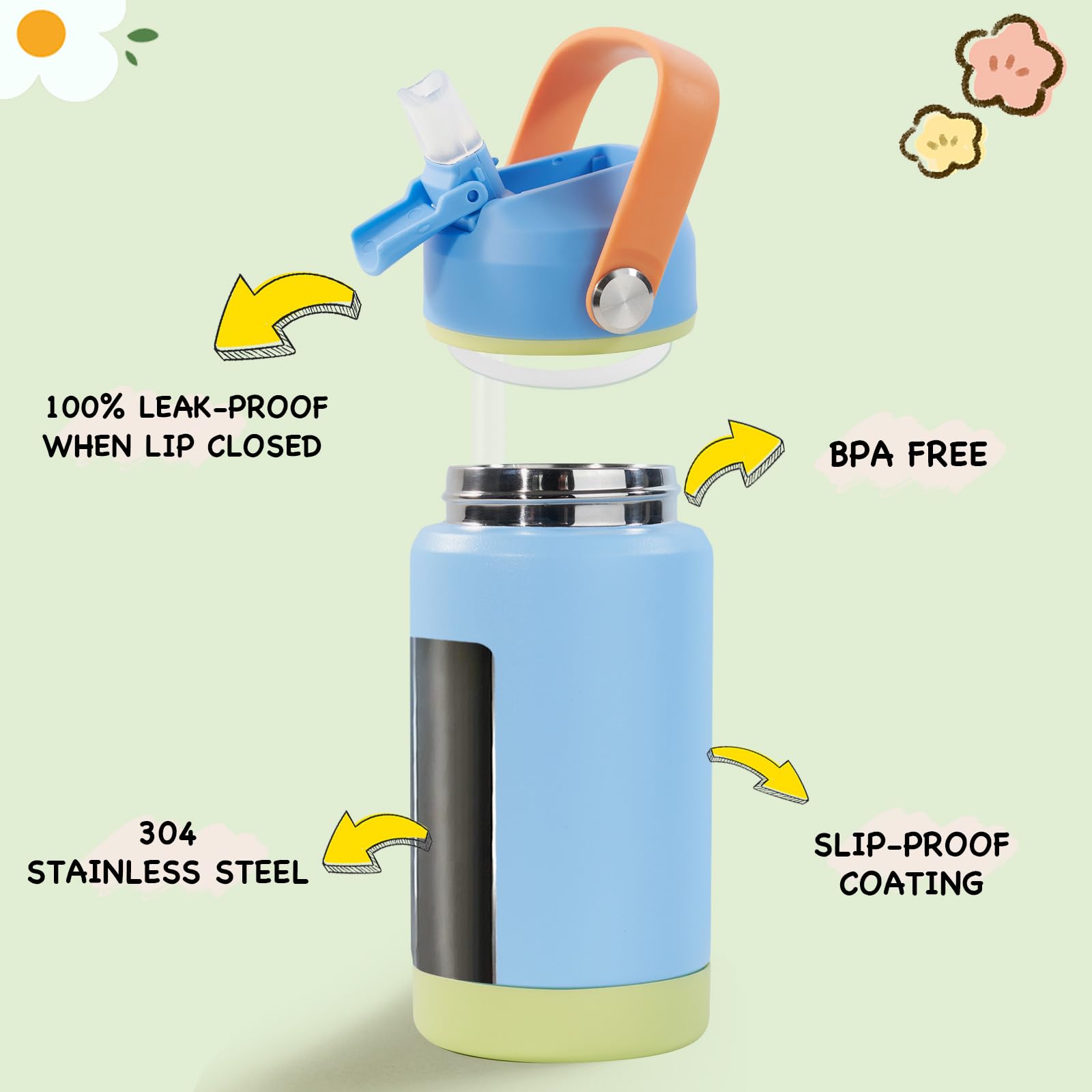 12oz Kids Water Bottle 2 Pack, Stainless Steel Insulated Water Bottle For Kids, Toddler Cup With Straws Leak-proof, Kids Water B