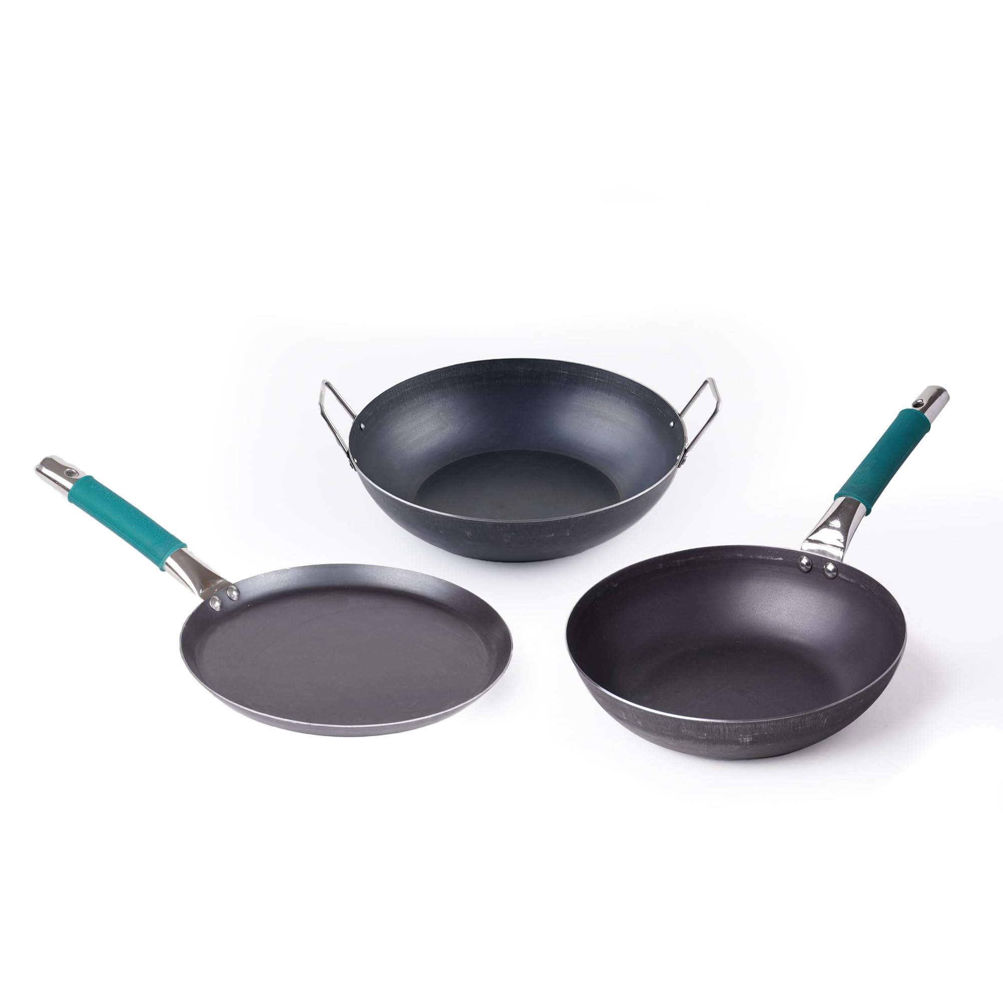 The Indus Valley PreSeasoned Iron Cookware Set: Tawa, Fry Pan, Kadai (10Inch) | Kitchen Cooking Combo Pots And Pans Set Of 3Pcs