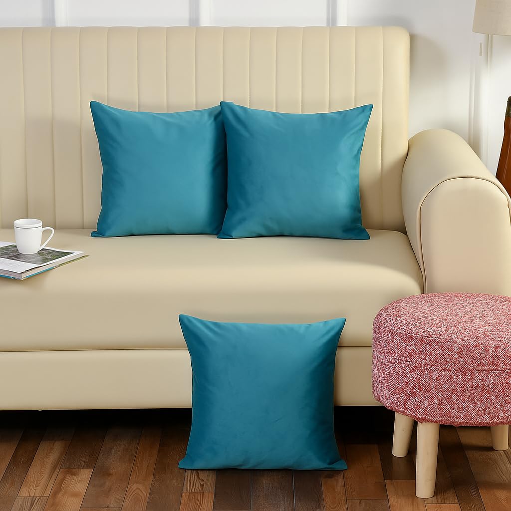 Stuffique Velvet Pillow Solid Plain 190 Tc Cushion Covers Pack Of 3 (16 X 16 Inch) Aqua