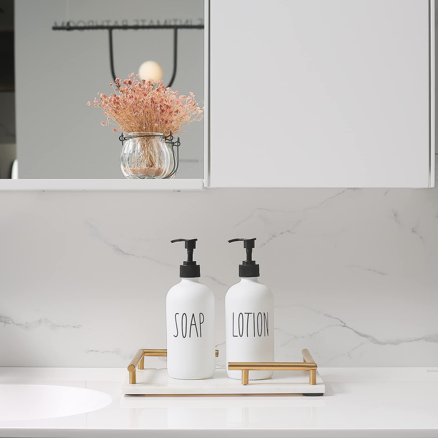 Momeemo White Soap Dispenser Bathroom Set, Contains Hand Soap And Lotion Dispenser. Suitable For Farmhouse Decor, Bathroom Acces