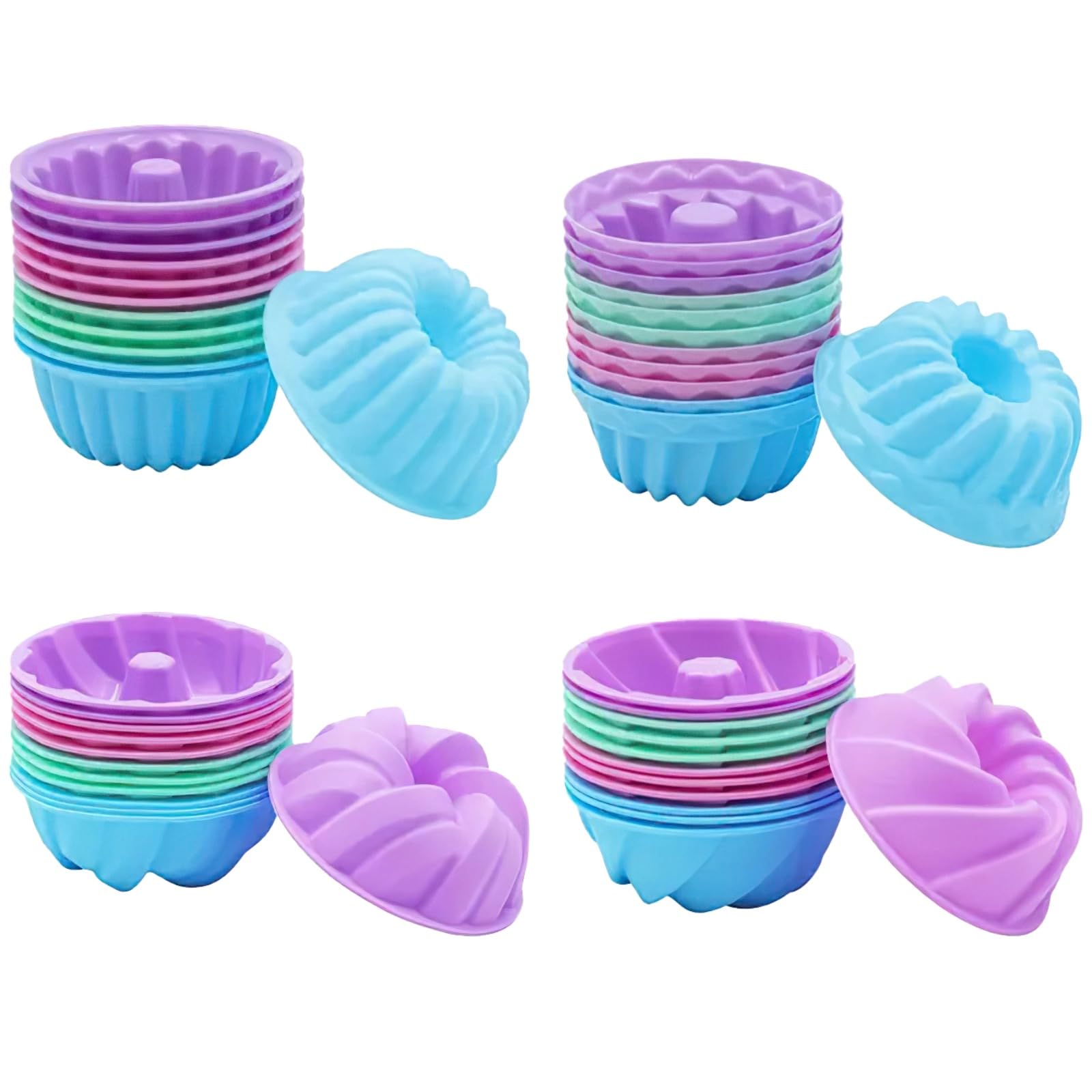 48 PCS Silicone Baking Cups Set  3 Inch Mini Fluted Tube Molds, 4 Shape NonStick Doughnut Cups, Reusable Muffin Liners Silicon