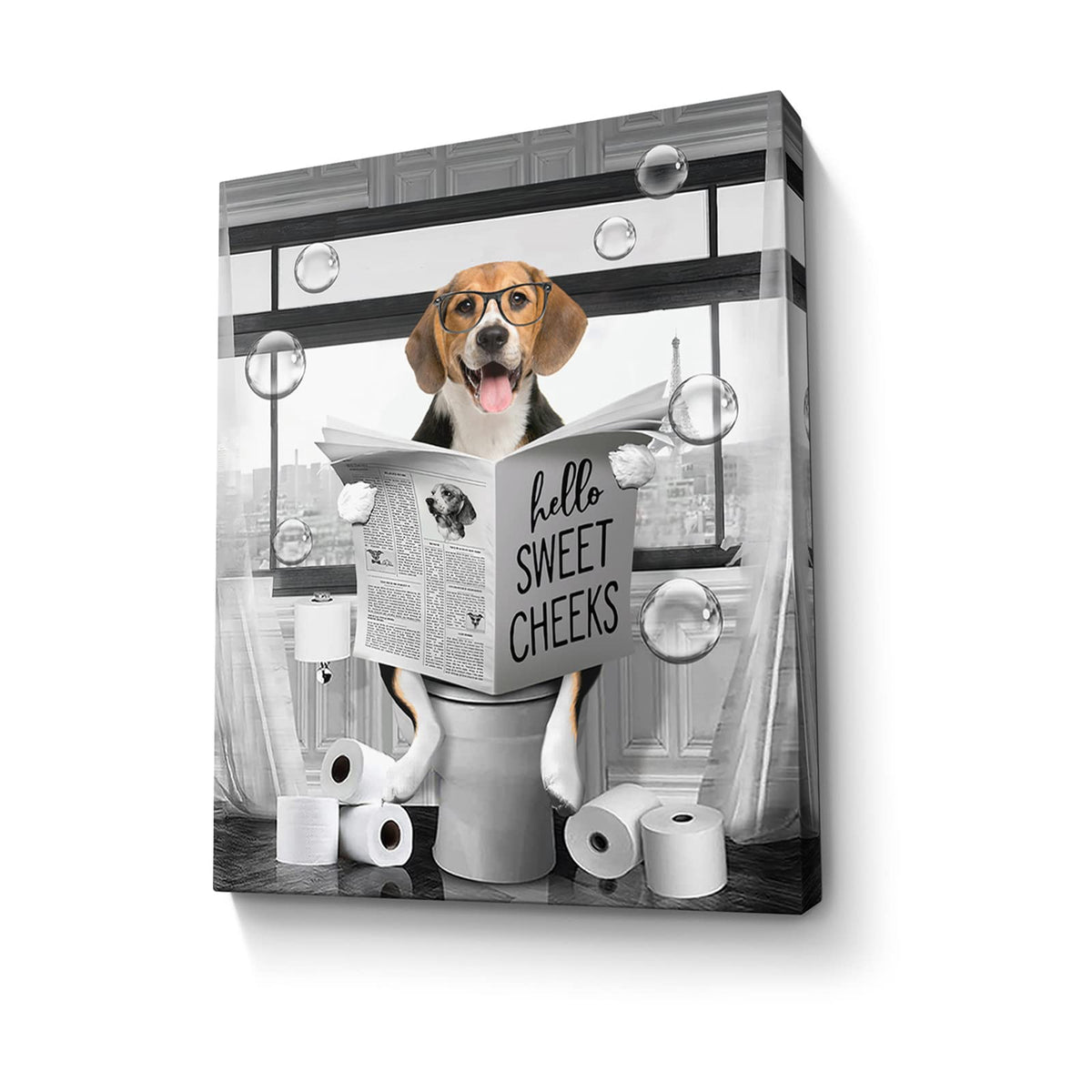 Funny Beagle Dog Wall Art Black And White Dog Bathroom Print Farmhouse Bathroom Animals Wall Decor Dog Sitting In Toilet Reading