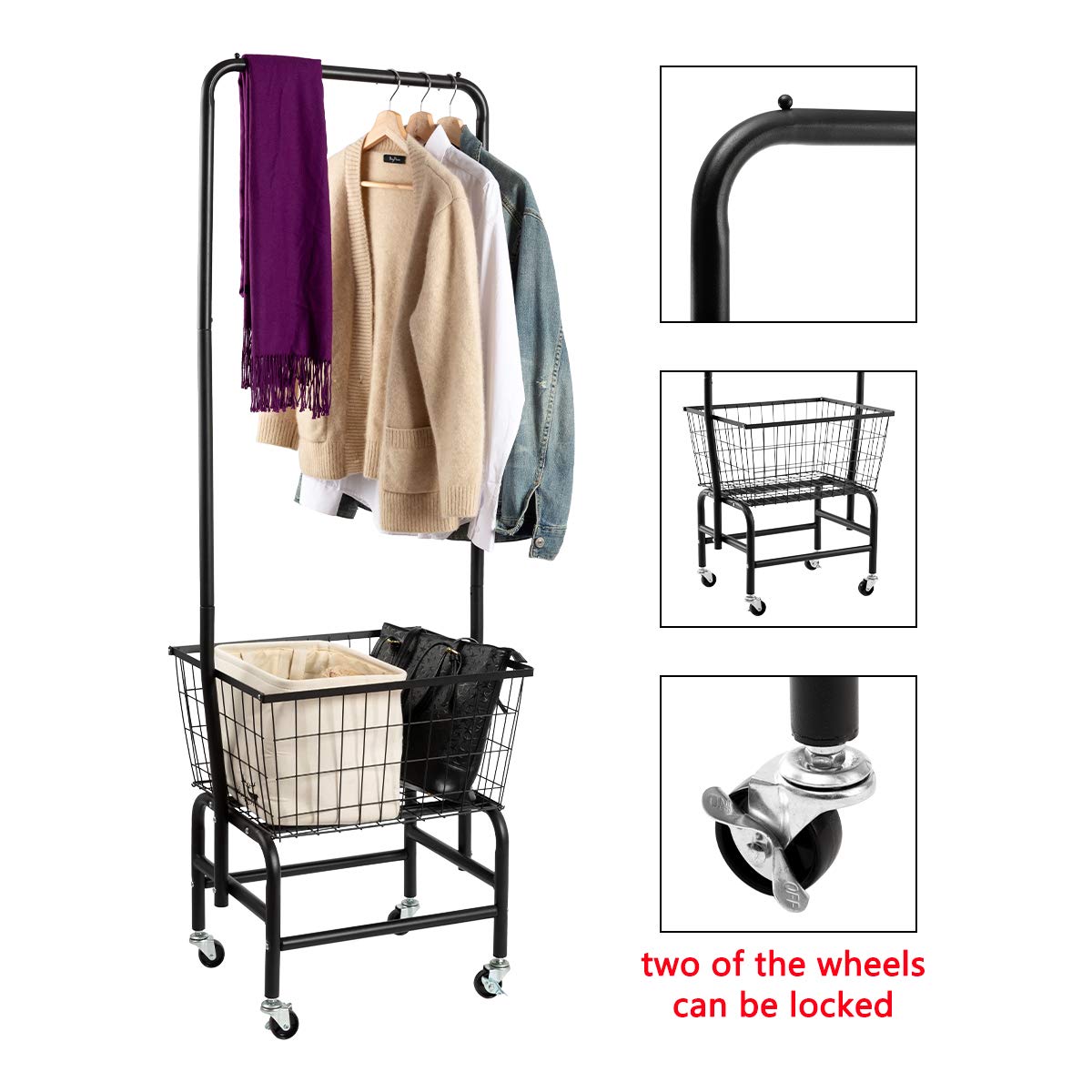 Alimorden Laundry Cart With Clothes Rack, Rolling Laundry Butler With Wire Storage Rack,Black
