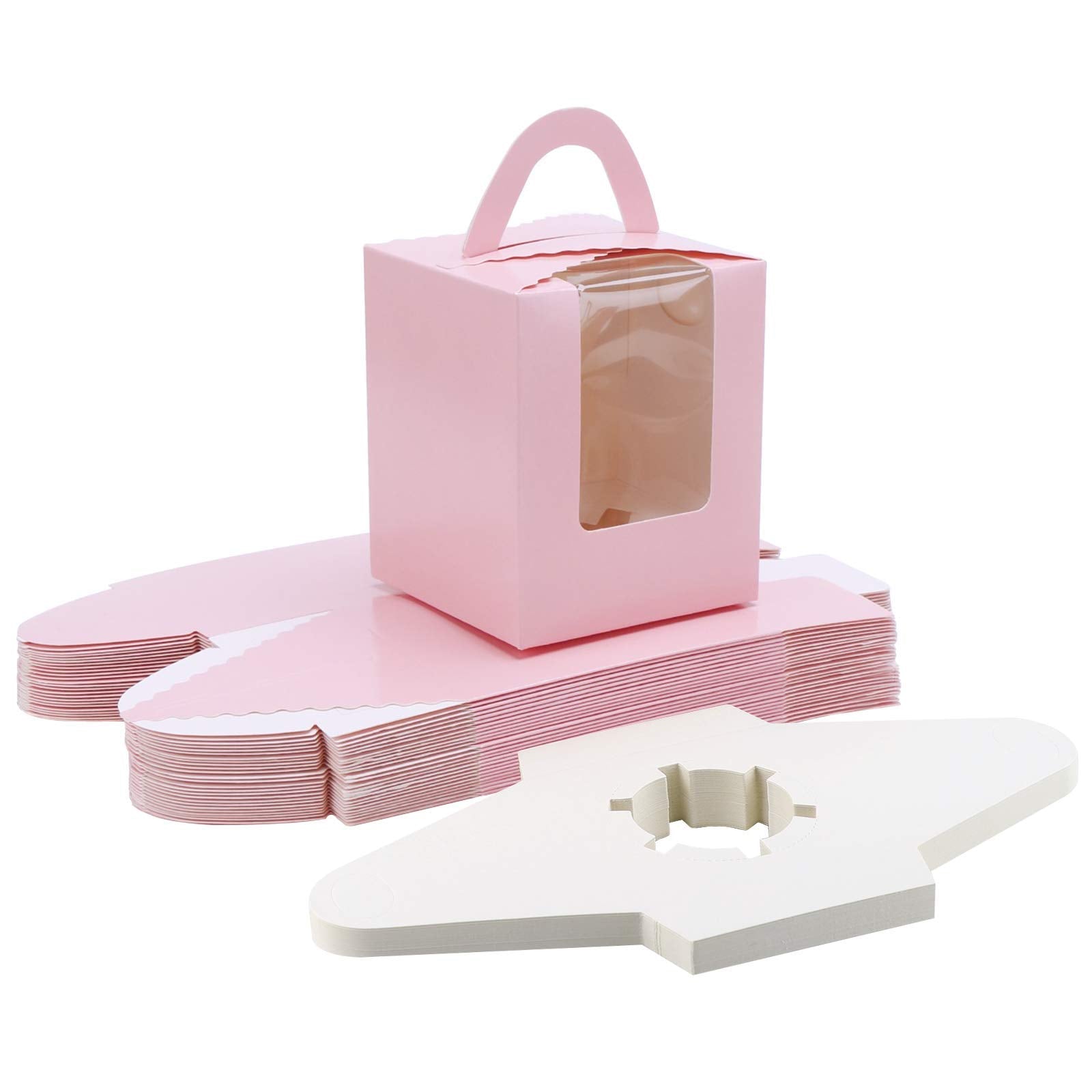 EUSOAR Individual Cupcake Boxes  25pcs 3.6''x 3.6''x 4.3'' Single Cupcake Carrier Containers  Muffin Cupcake Gift Boxes with Window Inserts Handle  for Wedding Birthday Party Treats Gift Packaging Boxes