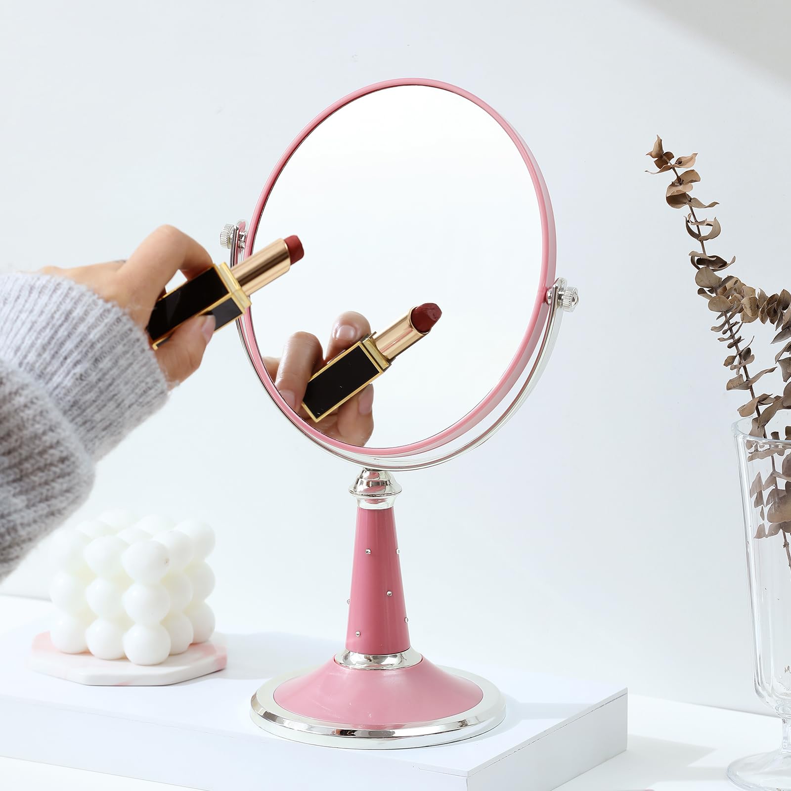 XPXKJ 6-Inch Mirrors Tabletop Vanity Makeup Mirror Two-Sided Swivel with Diamond Desk Mirror One Side 3X Magnification