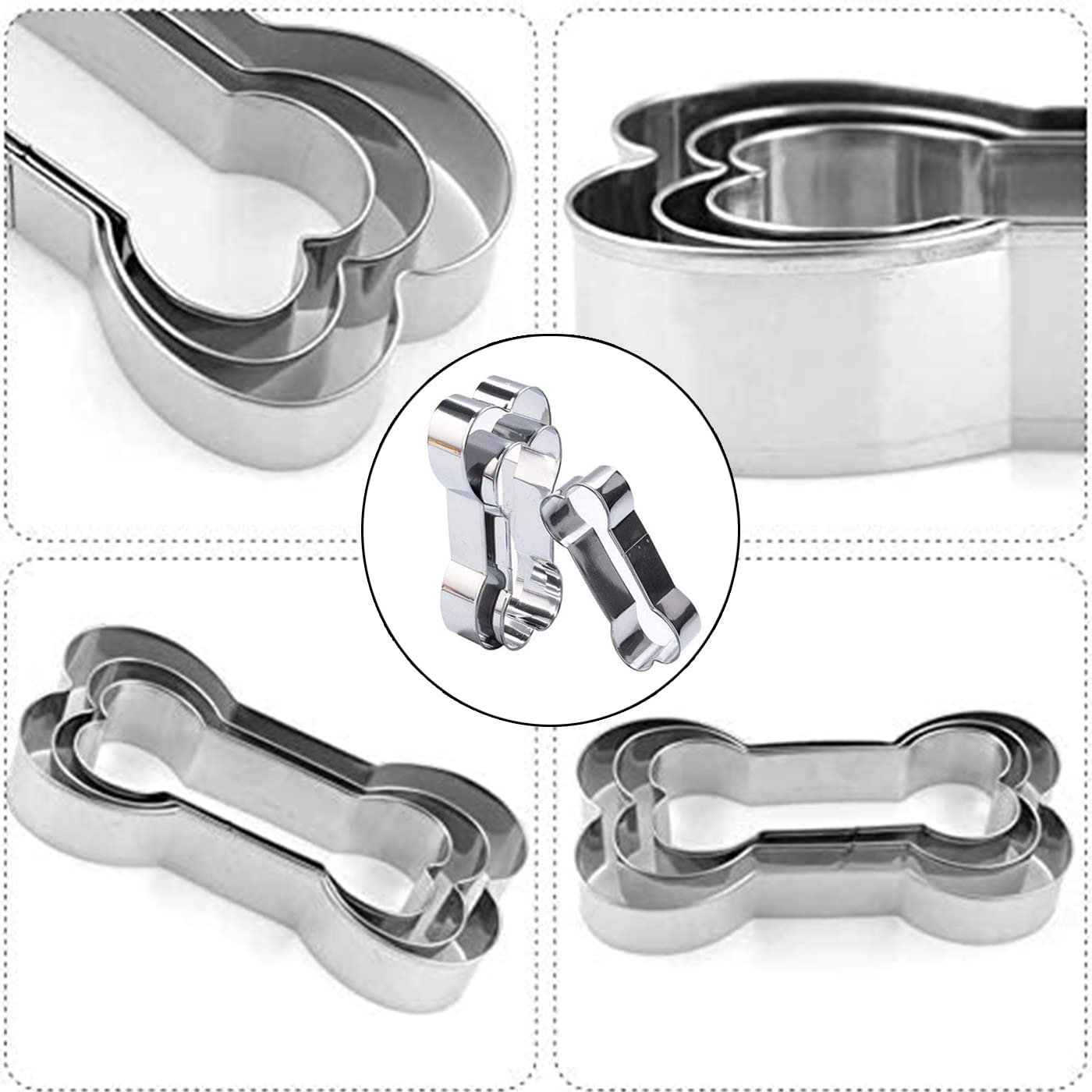 Set Of 6, 3 Packs Silicone Molds Puppy Dog Paw(4 Cavity,10 Cavity,16 Cavity) And 3 Packs Stainless Steel Bone Cookie Cutter,For