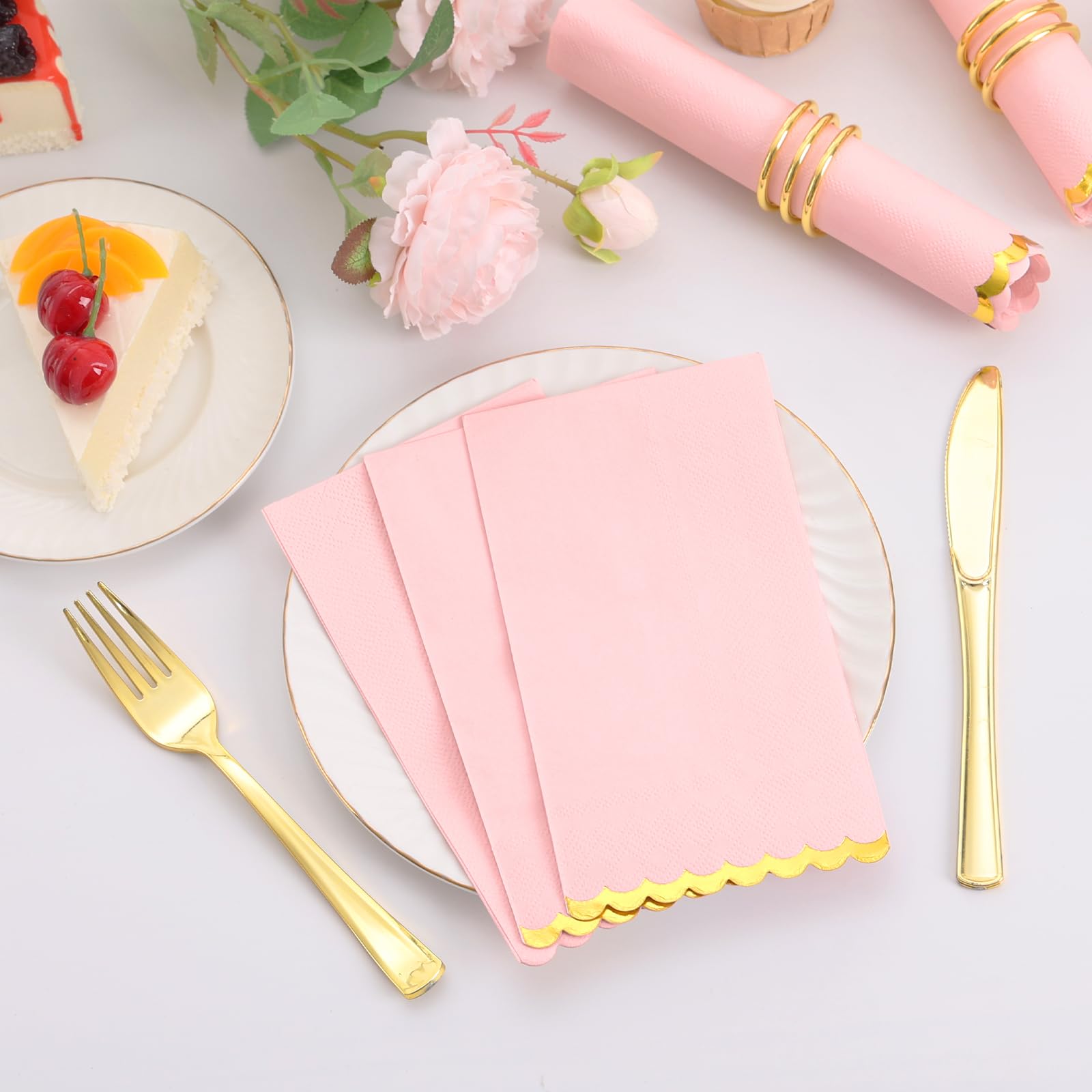 100 Pcs Pink Paper Napkins Disposable, Pink And Gold Party Napkins Pink Scalloped Dinner Napkins For Birthday Wedding Bridal & B