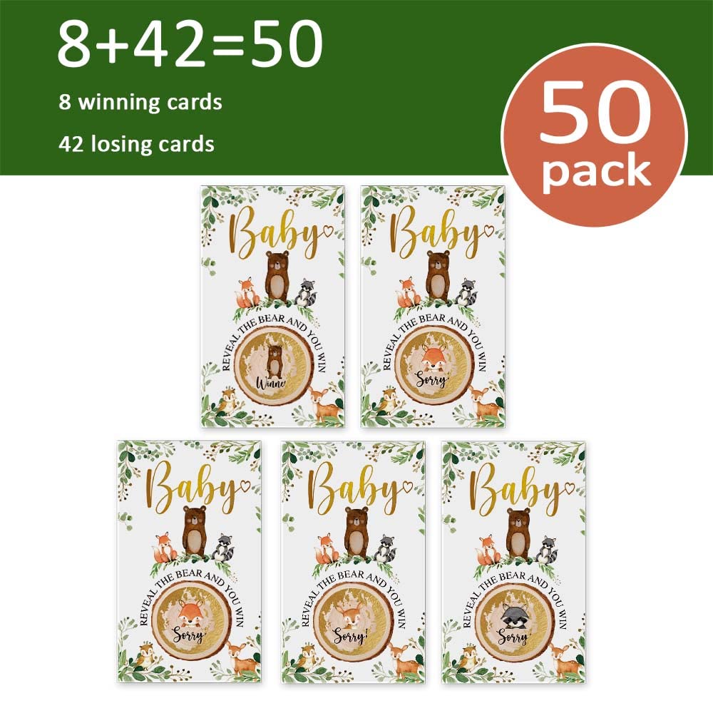 Skuhyyg 50 Pieces Woodland Baby Shower Scratch Off Game, Woodland Forest Animals Neutral Boy Girl Baby Shower Decorative Set, Pr
