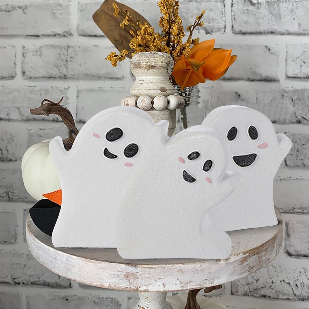Cute Halloween Decorations, Ghost Wooden Tiered Tray Decor Table Sign Set of 3 Ghost Wooden Decor Blocks for Table, Office Desk,