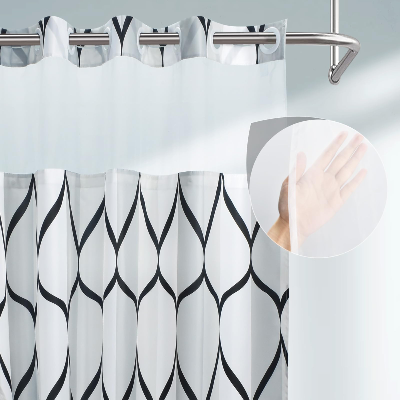 Yiatn No Hook Needed White Shower Curtain With Snap In Fabric Liner Set - Hotel Style With See Through Mesh Top Window, Modern G