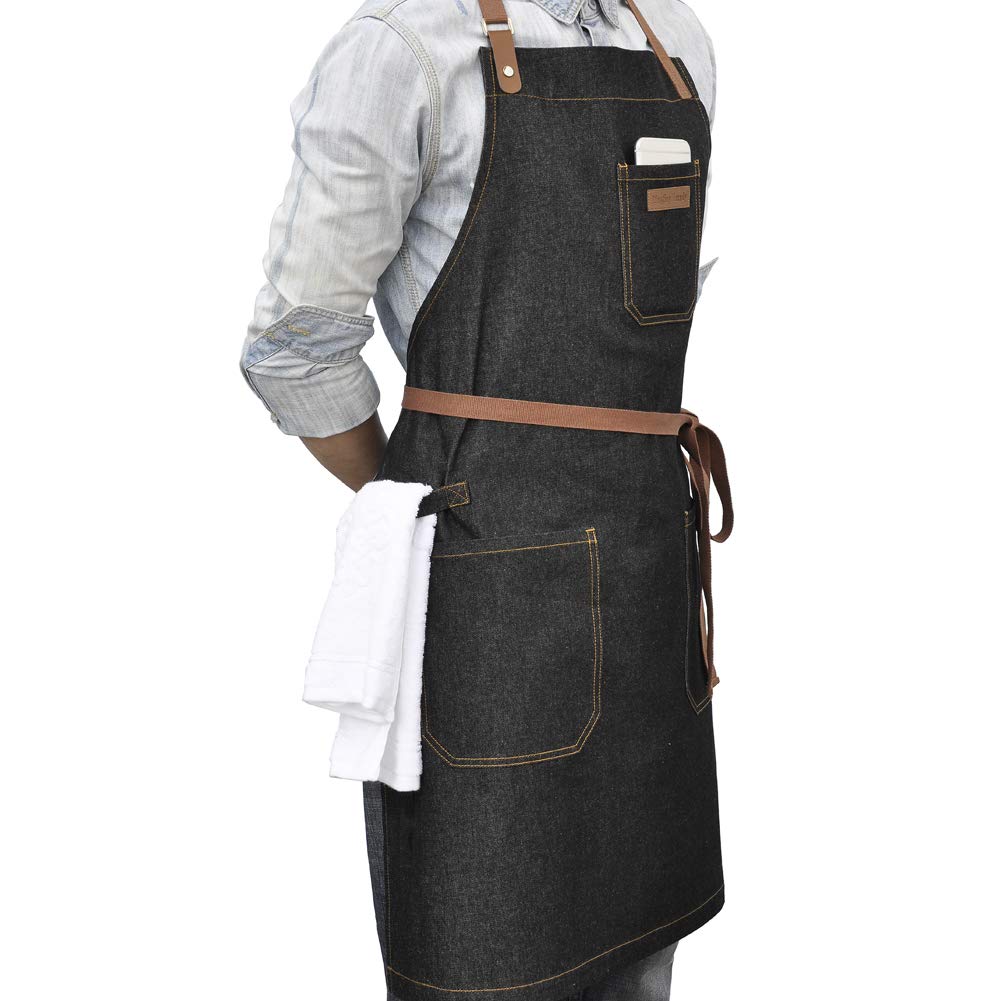 Dingsay Trendy Denim Chef Apron With Pockets, Mens Womens Professional Kitchen Bib Black Apron For Cooking Grill Bbq Server, Wit