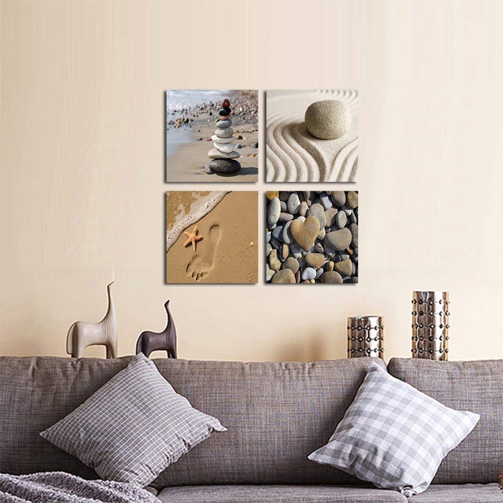 Wieco Art Romantic Beach Theme 4 Piece Modern Giclee Artwork Sea Beach Ocean Canvas Prints Contemporary Abstract Seascape Pictur
