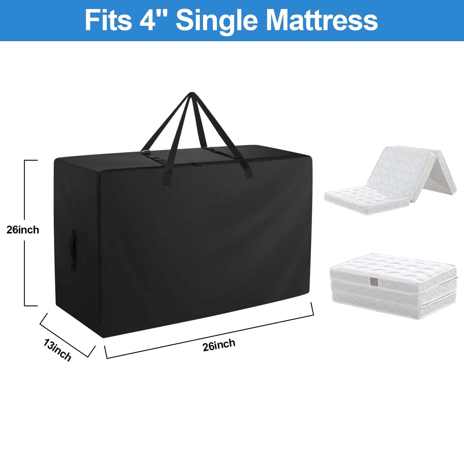 Folding Mattress Bag - 600D Oxford Cloth Heavy Duty Carry Case For Tri-Fold Guest Bed Mattress (Fits 4'' Single Mattress, Black)
