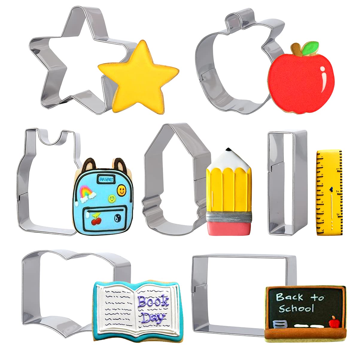 Fangleland Back To School Cookie Cutter Set, 7 Pack 100Th Of School Teacher Appreciation Cutters Stainless Steel With Apple Penc