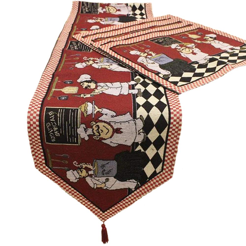 Kepswet Cotton Linen Chef 1 Table Runner And 4 Placemats Value Pack For Dining Table Kitchen Accessories Table Mats Set (Red)