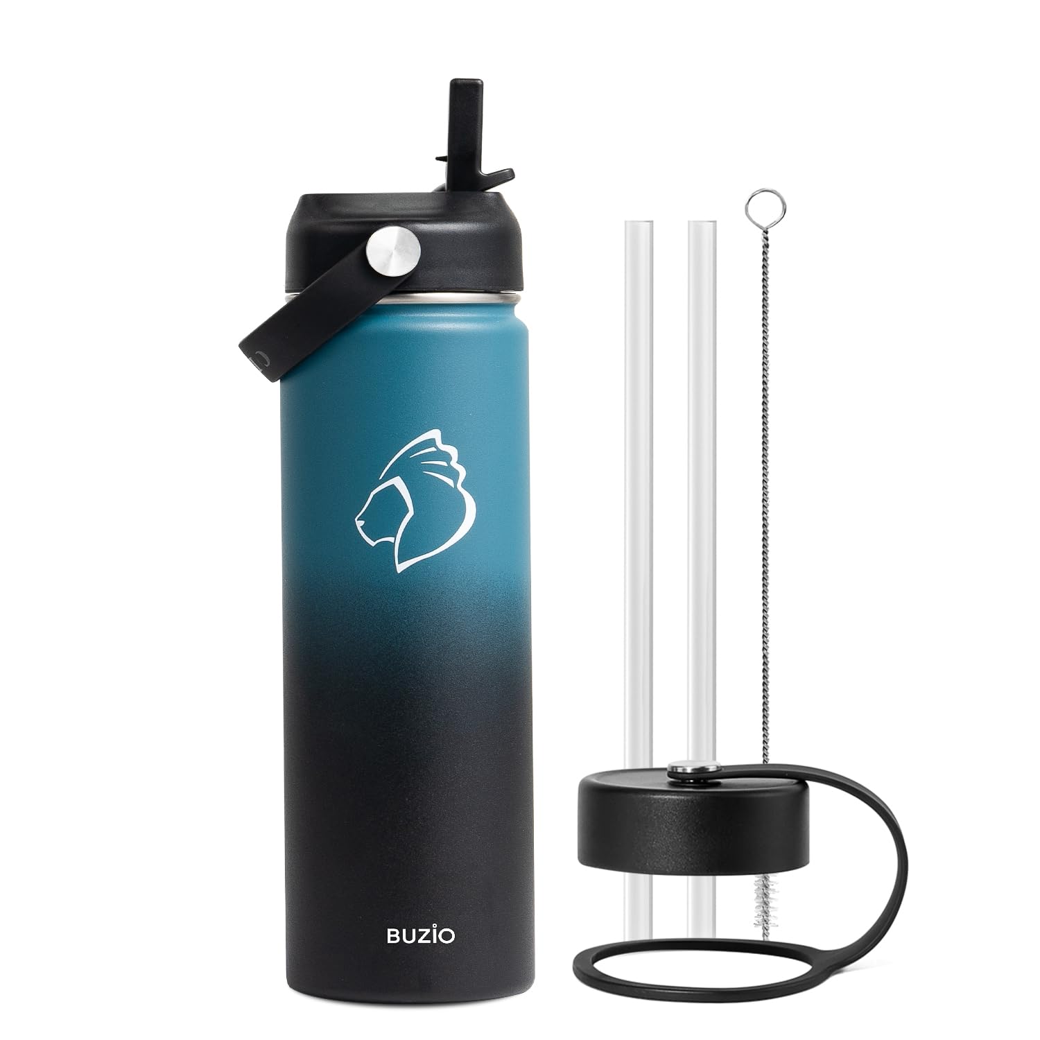 BUZIO Insulated Water Bottle with Straw Lid and Flex Cap, 22oz Modern Double Vacuum Stainless Steel Water Flask, Cold for 48 Hrs
