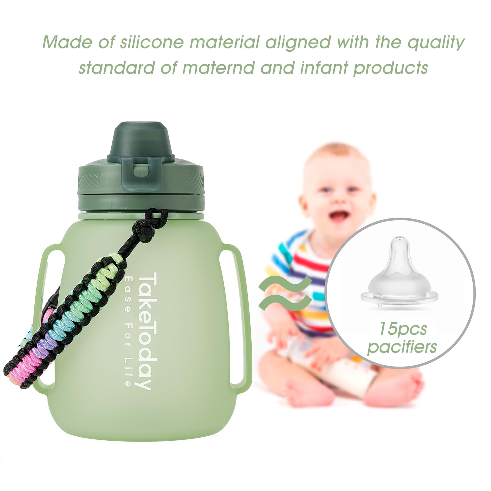 TakeToday 40 OZ Motivational Water Bottle with Straw and Paracord Handle 1.2L Silicone Sports Water Bottle with Time Marker(Green)