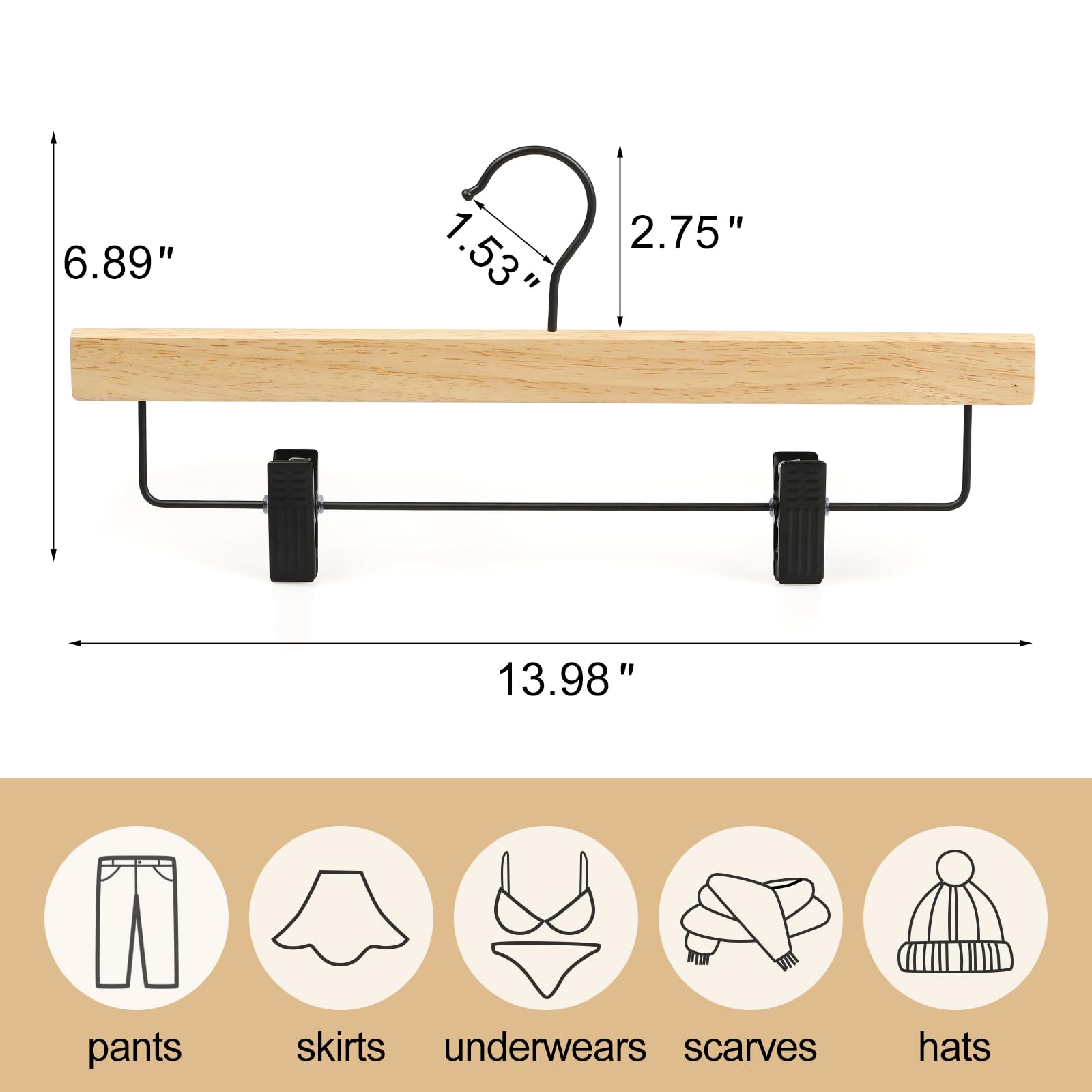 Topia Hanger Pants Hangers 20 Pack, Wooden Clothes Hangers With Black Clips And Rotatable Hook, Durable Natural Rubber Wood Hang