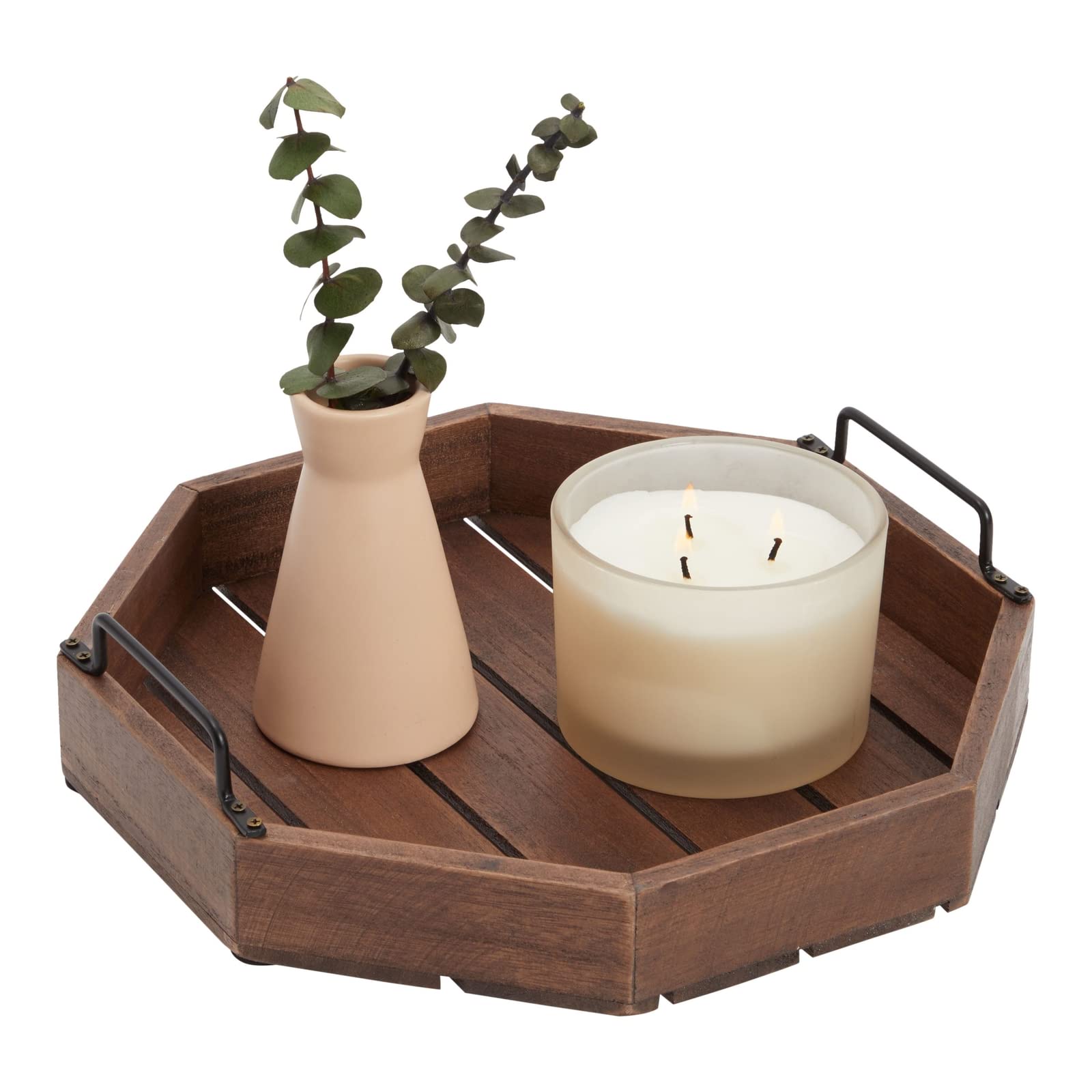 Farmlyn Creek Decorative Rustic Wooden Serving Tray With Metal Handles For Candles, Coffee Table, Farmhouse Home Decor (11.75 X