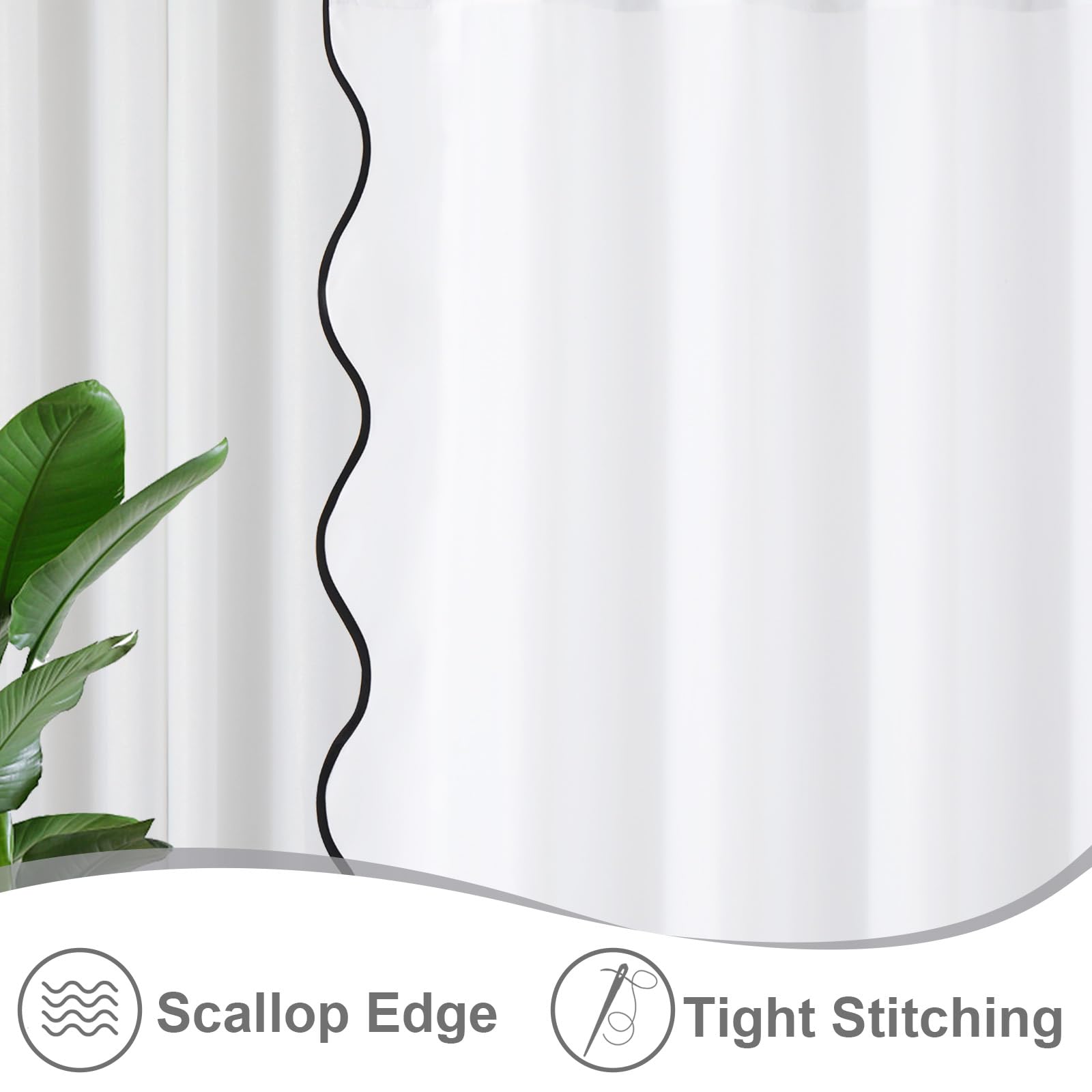 Ortigia White Shower Curtain With Black Scalloped Edge 72 W X 84 H Inch, Cute Boho Preppy Scallop Shower Curtains Aesthetic Wate
