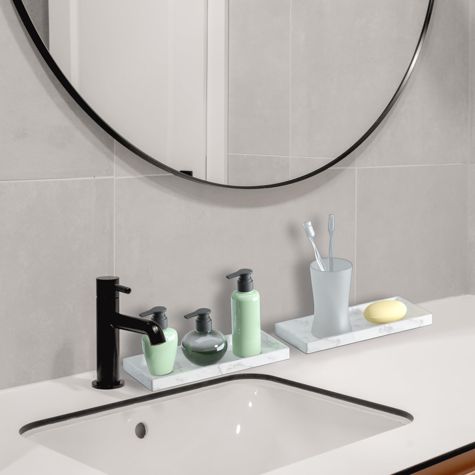 2 Packs Silicone Bathroom Vanity Tray Rectangle Set, Shatterproof Flexible Bathroom Tray, 11.8'' & 11.8'' Silicone Soap Dispense