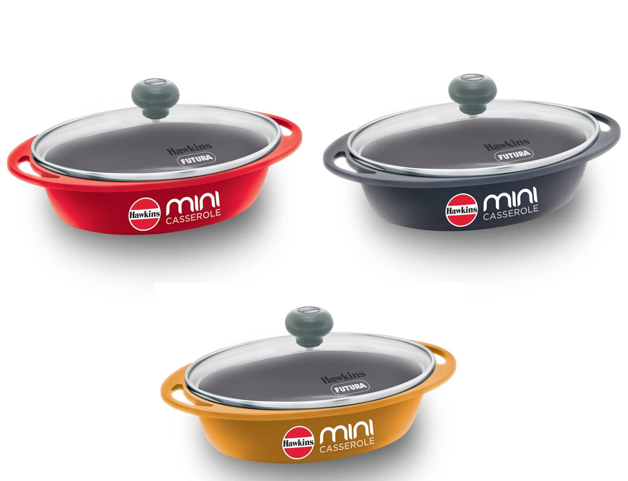 Hawkins 0.75 Litre Mini Casserole With Glass Lid, Oval Shaped DieCast Pan For Cooking, Reheating, Serving And Storing, Set Of 3