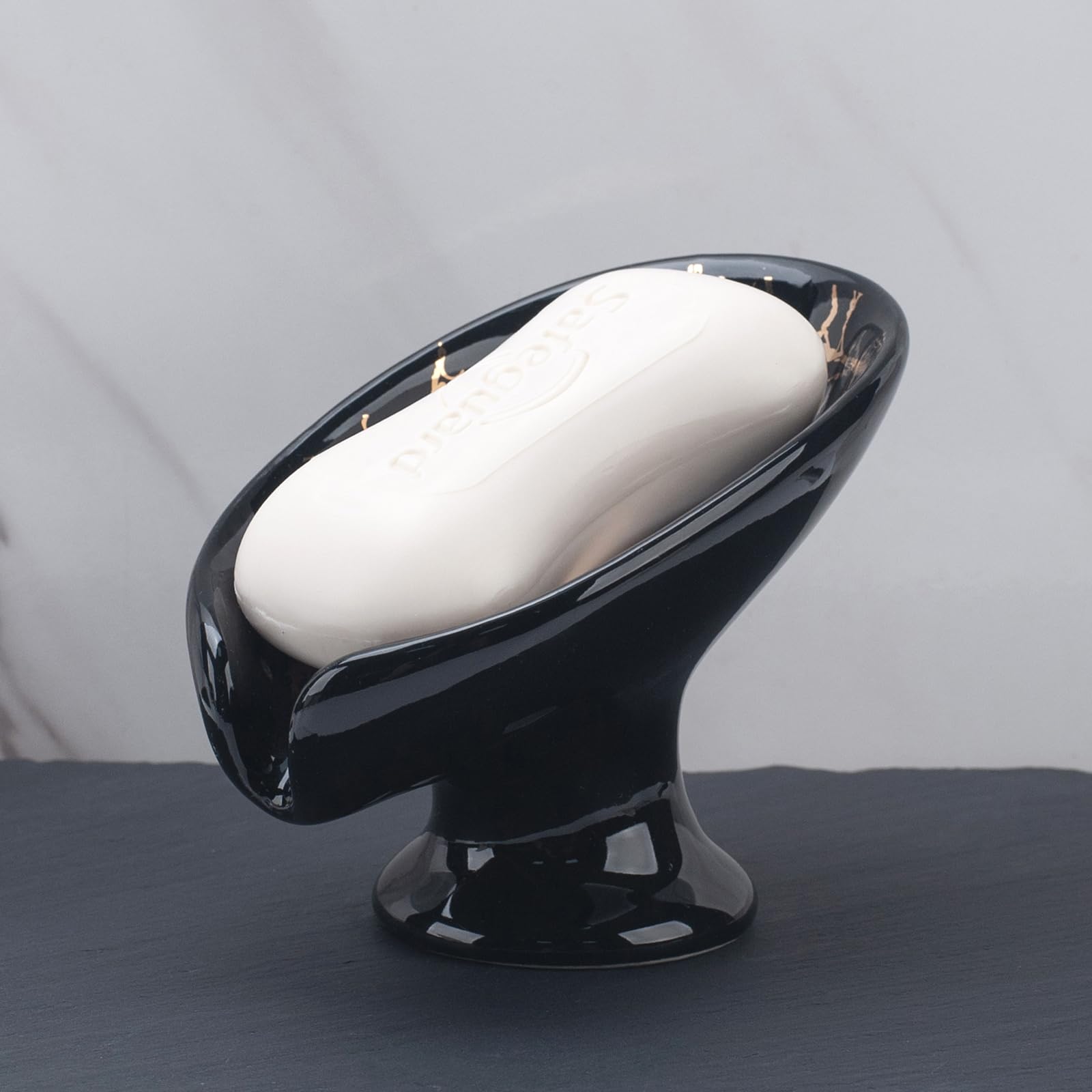 Soap Dish, Ceramic Soap Holder, Self Draining Soap Dish Holder, Leaf Shape Soap Bar Holder (Black)