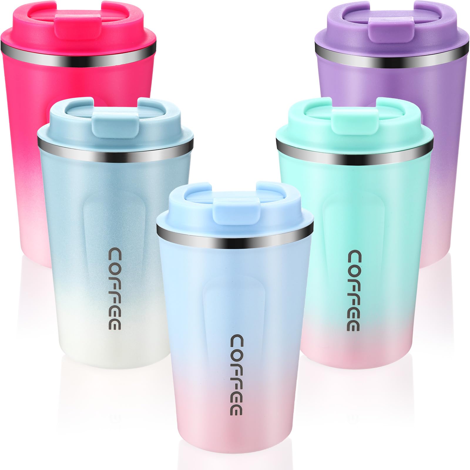 Honeydak 5 Pack Travel Coffee Mugs 12oz Insulated Coffee Cup with Lid Stainless Steel Vacuum Gradient Colorful Tumbler Reusable 